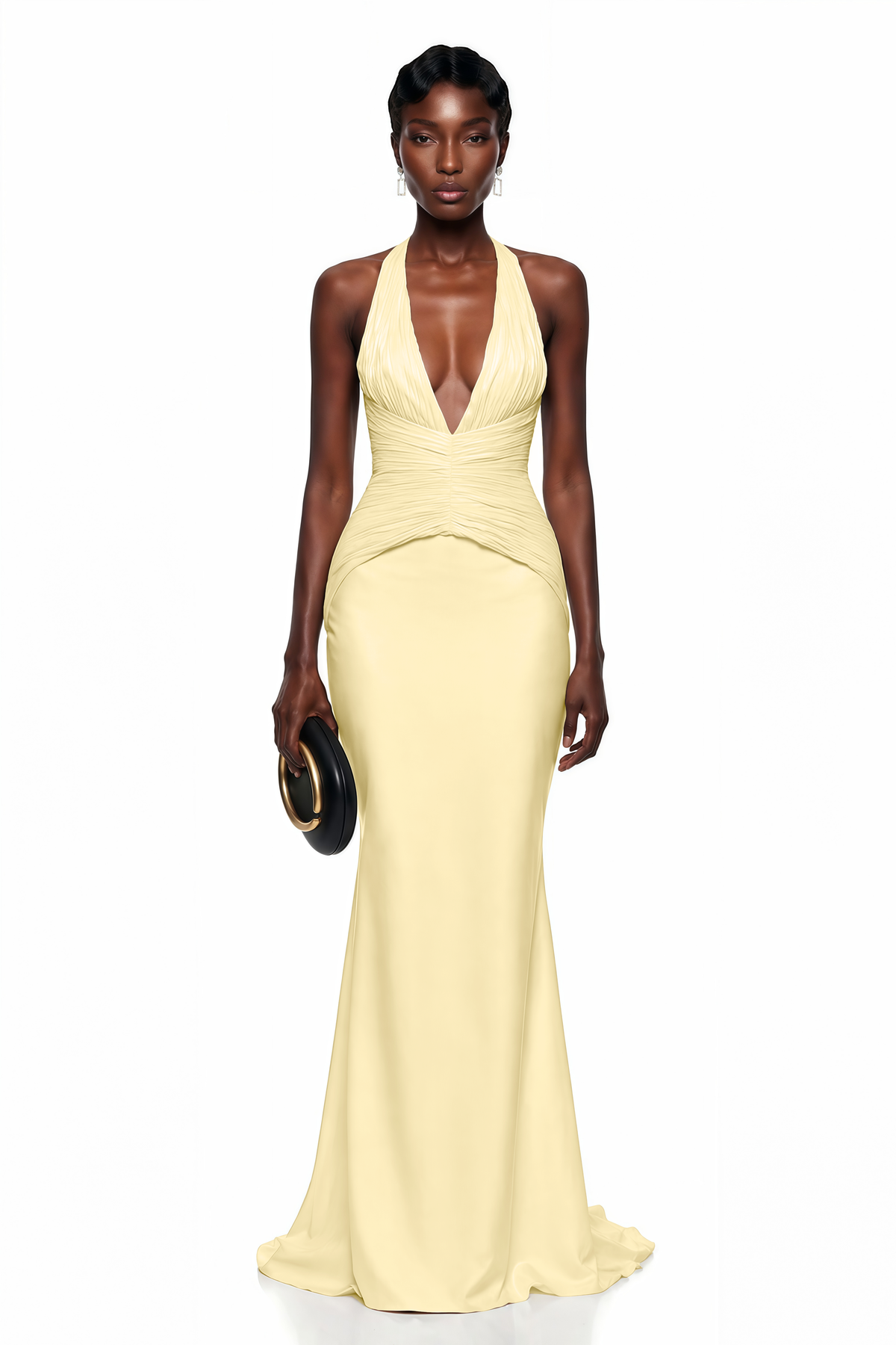 maren yellow halterneck ruched top & skirt set
