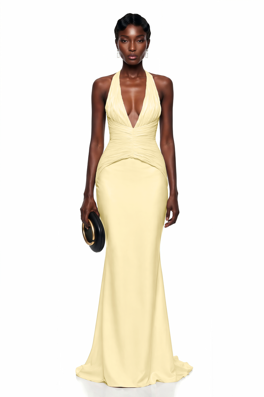 maren yellow halterneck ruched top & skirt set