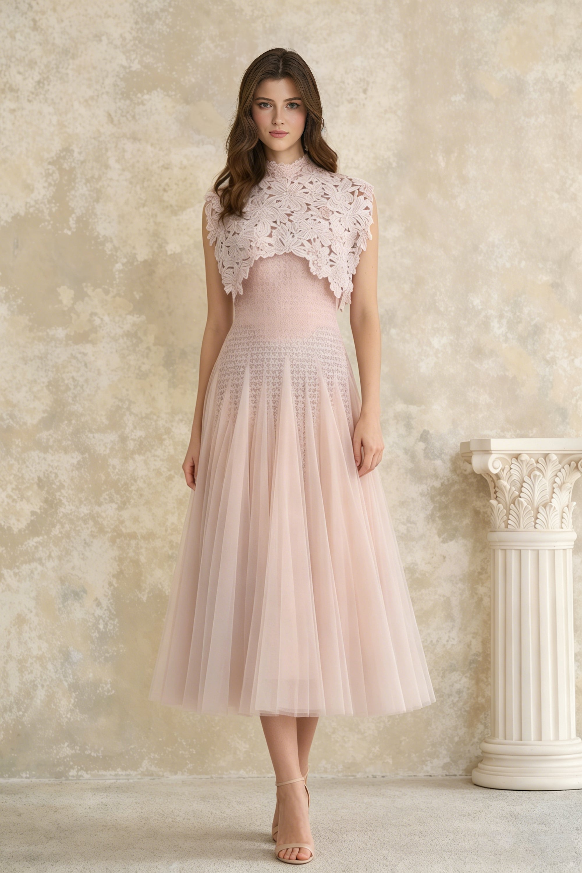 Margaret Light Pink Floral Crochet Midi Dress