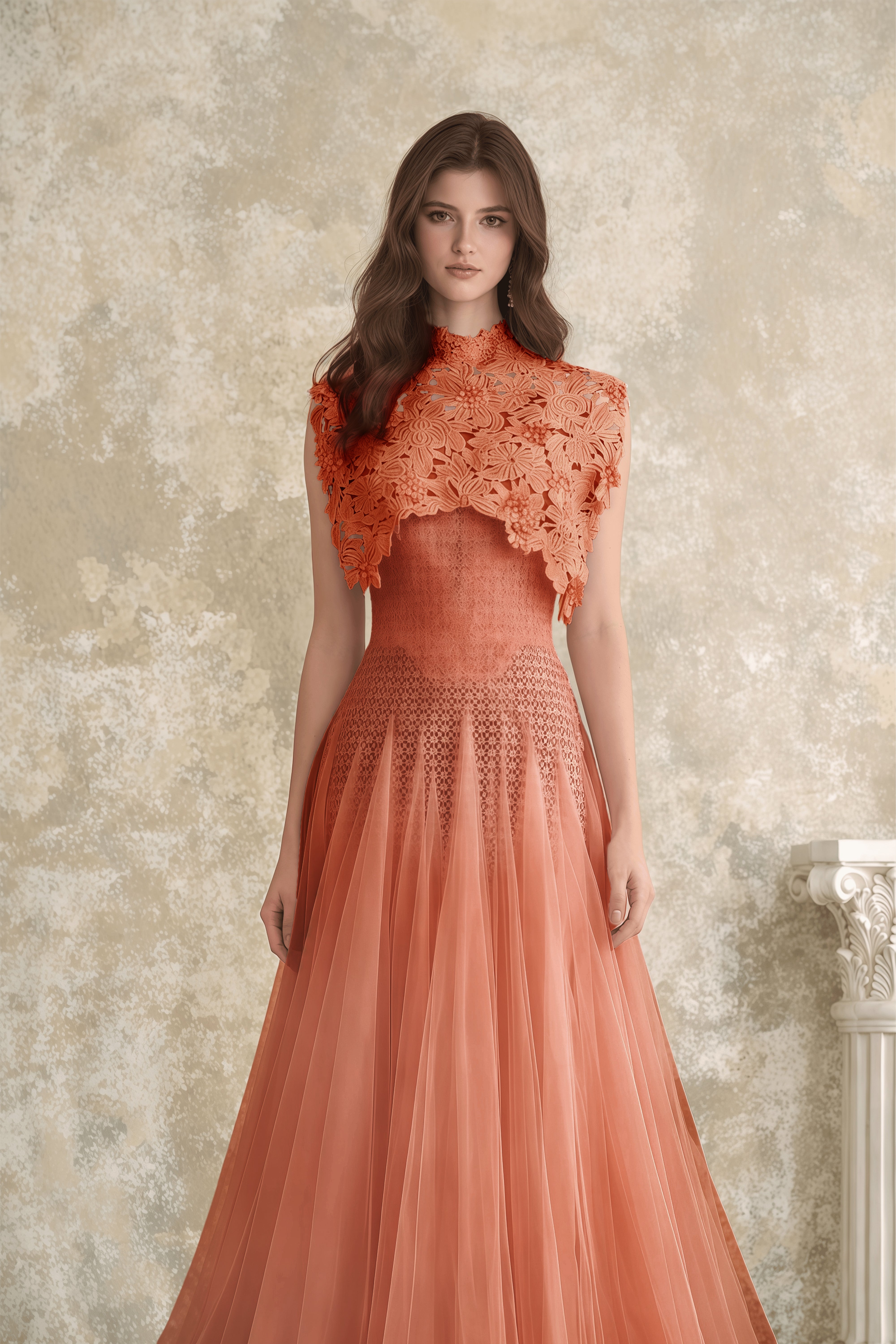 Margaret Orange Floral Crochet Midi Dress
