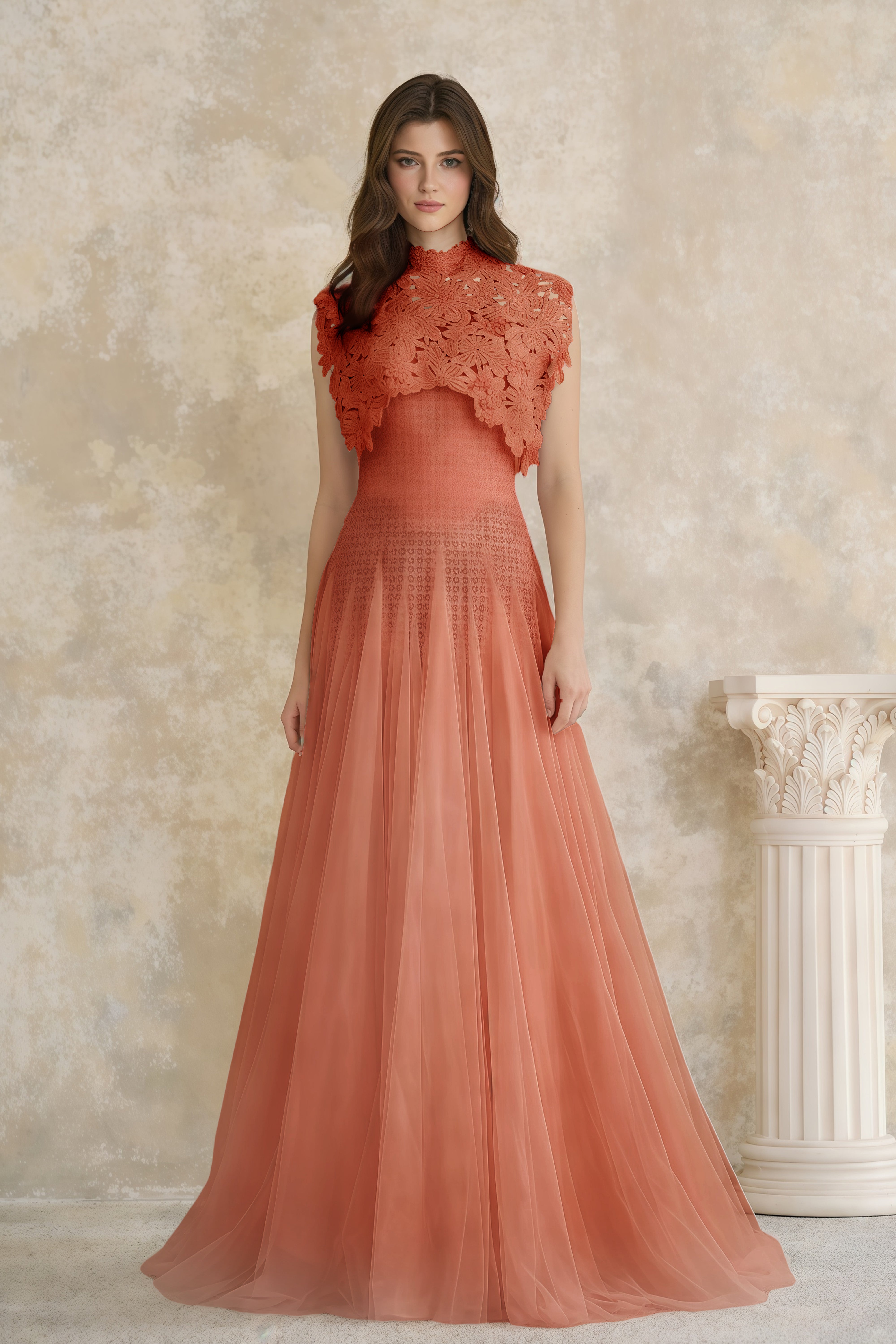 Margaret Orange Floral Crochet Midi Dress