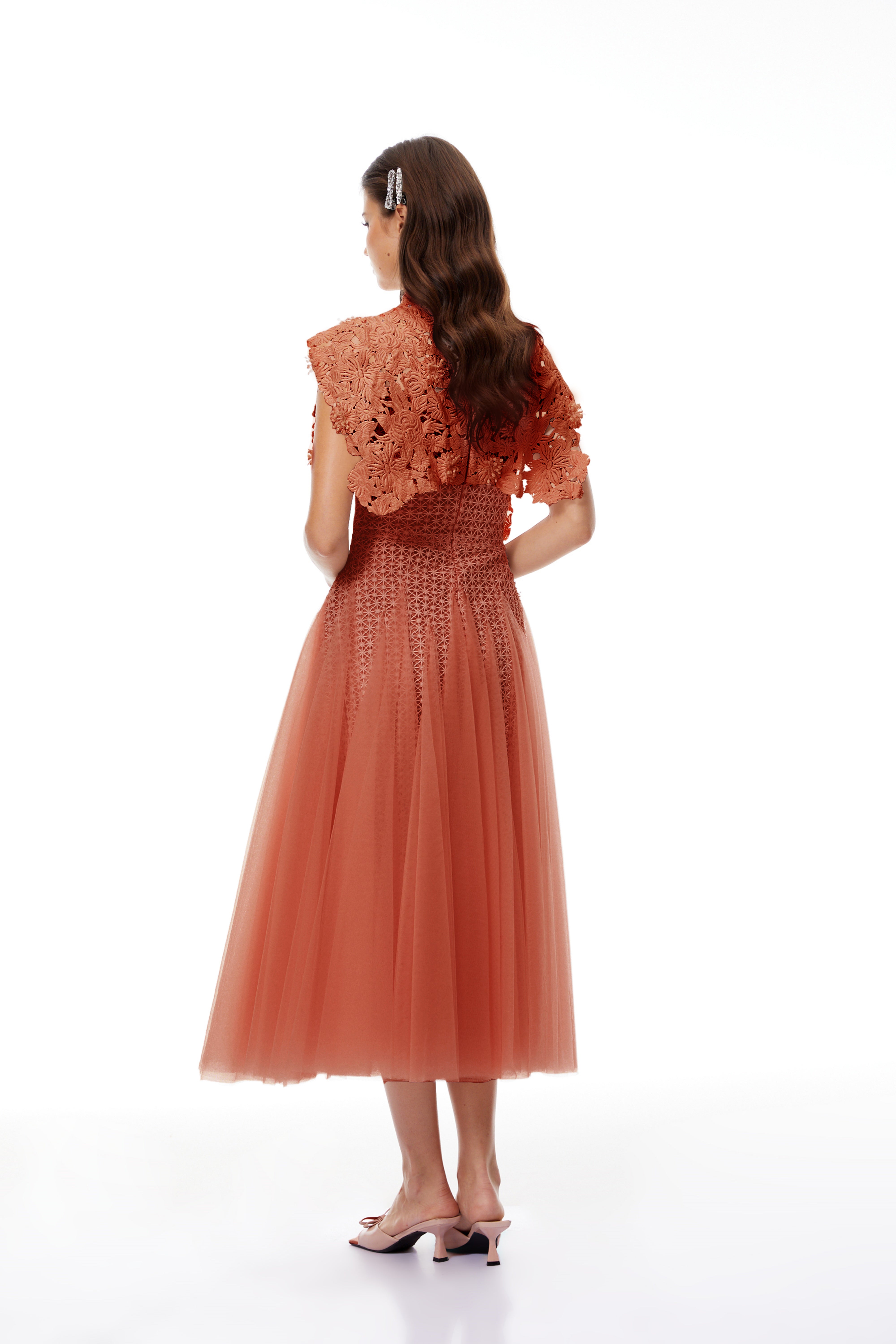Margaret Orange Floral Crochet Midi Dress