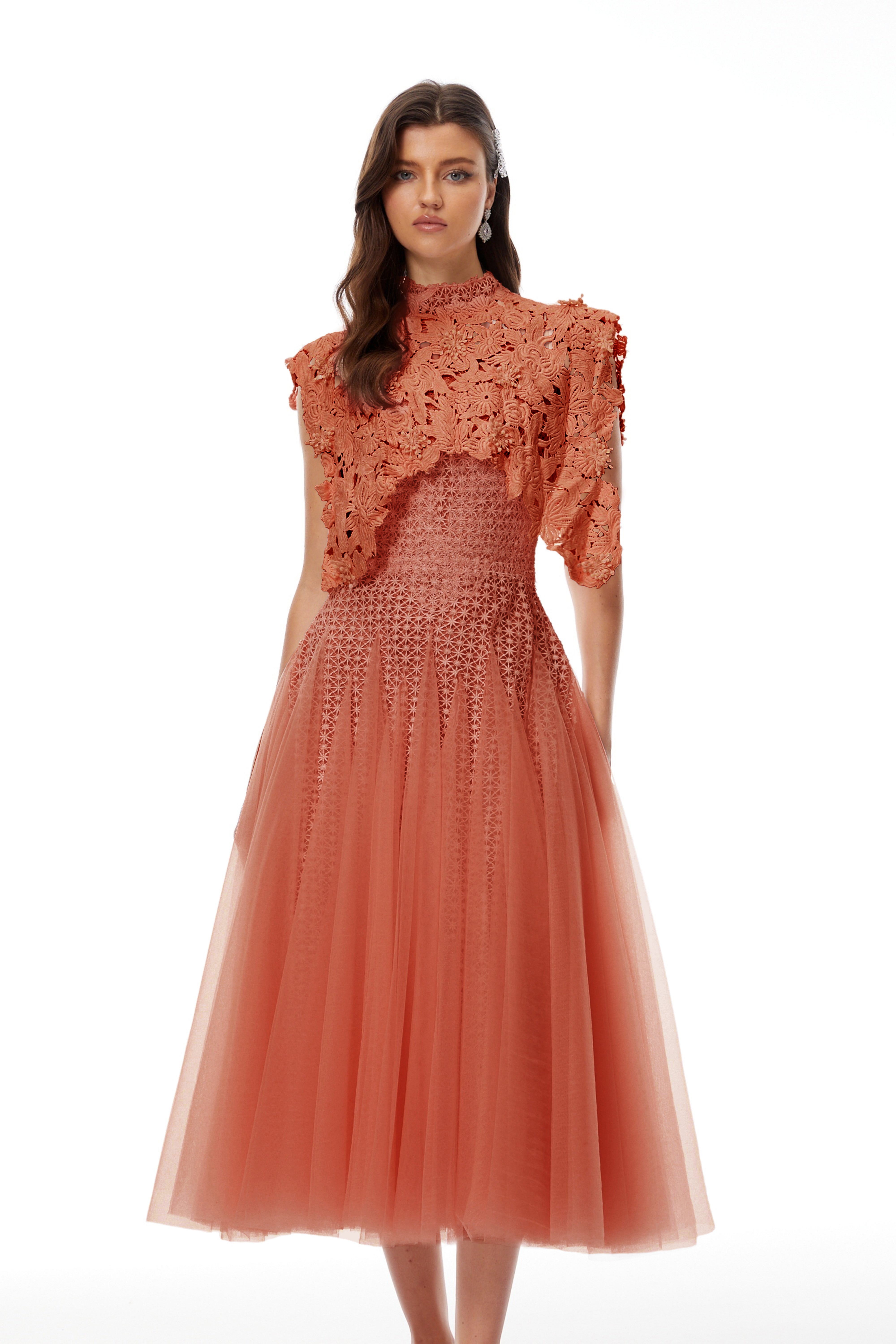 Margaret Orange Floral Crochet Midi Dress