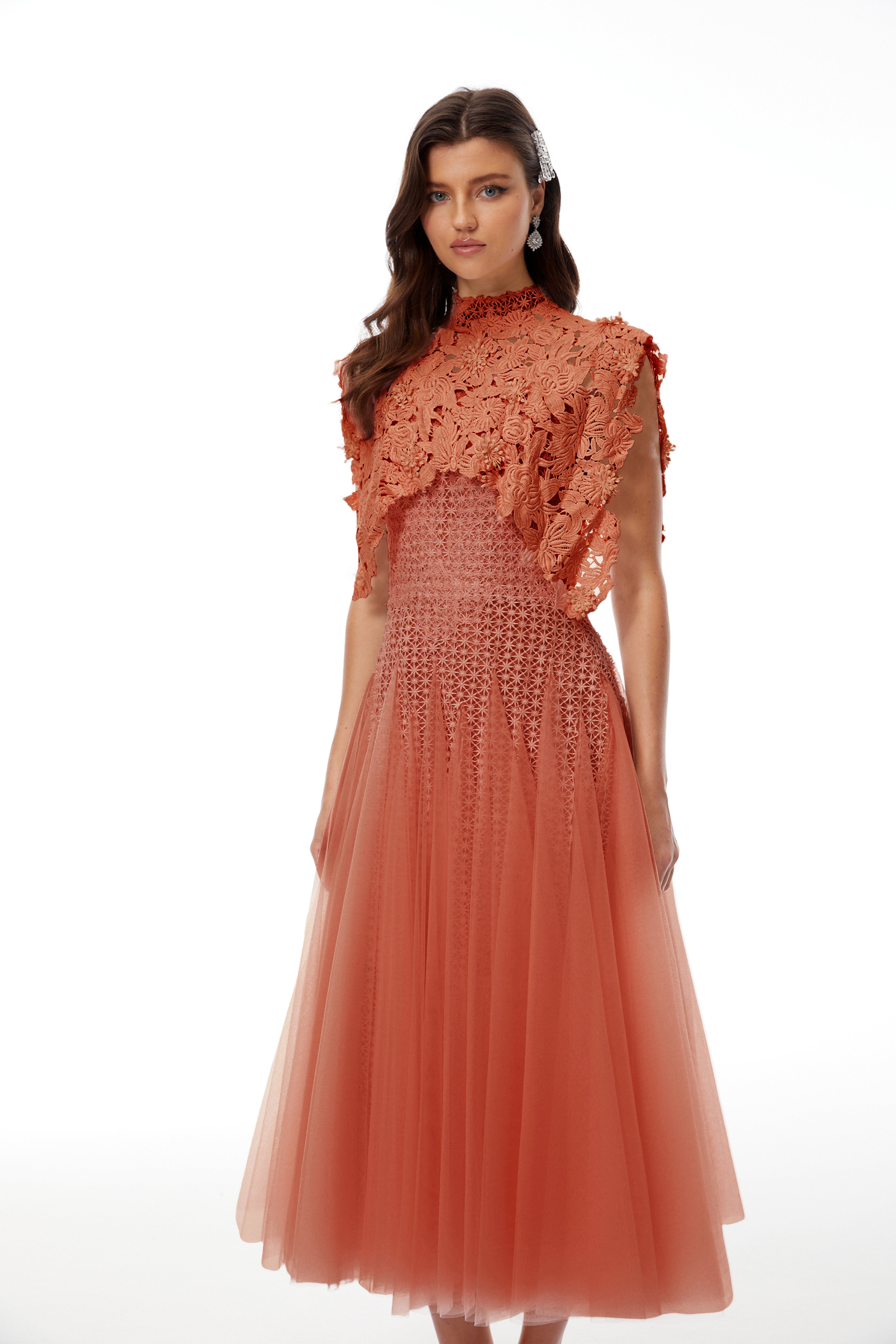 Margaret Orange Floral Crochet Midi Dress
