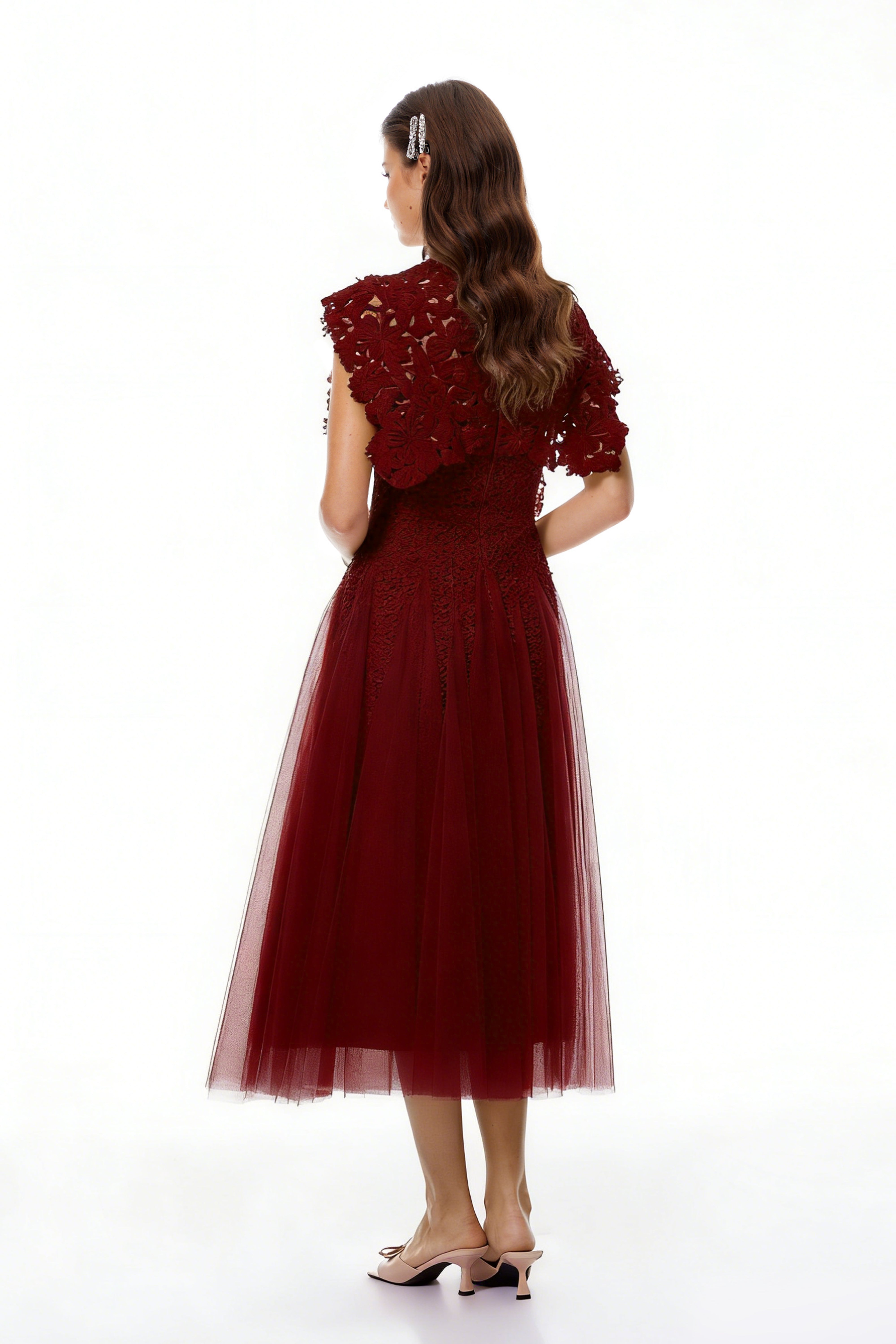 Margaret Red Floral Crochet Midi Dress