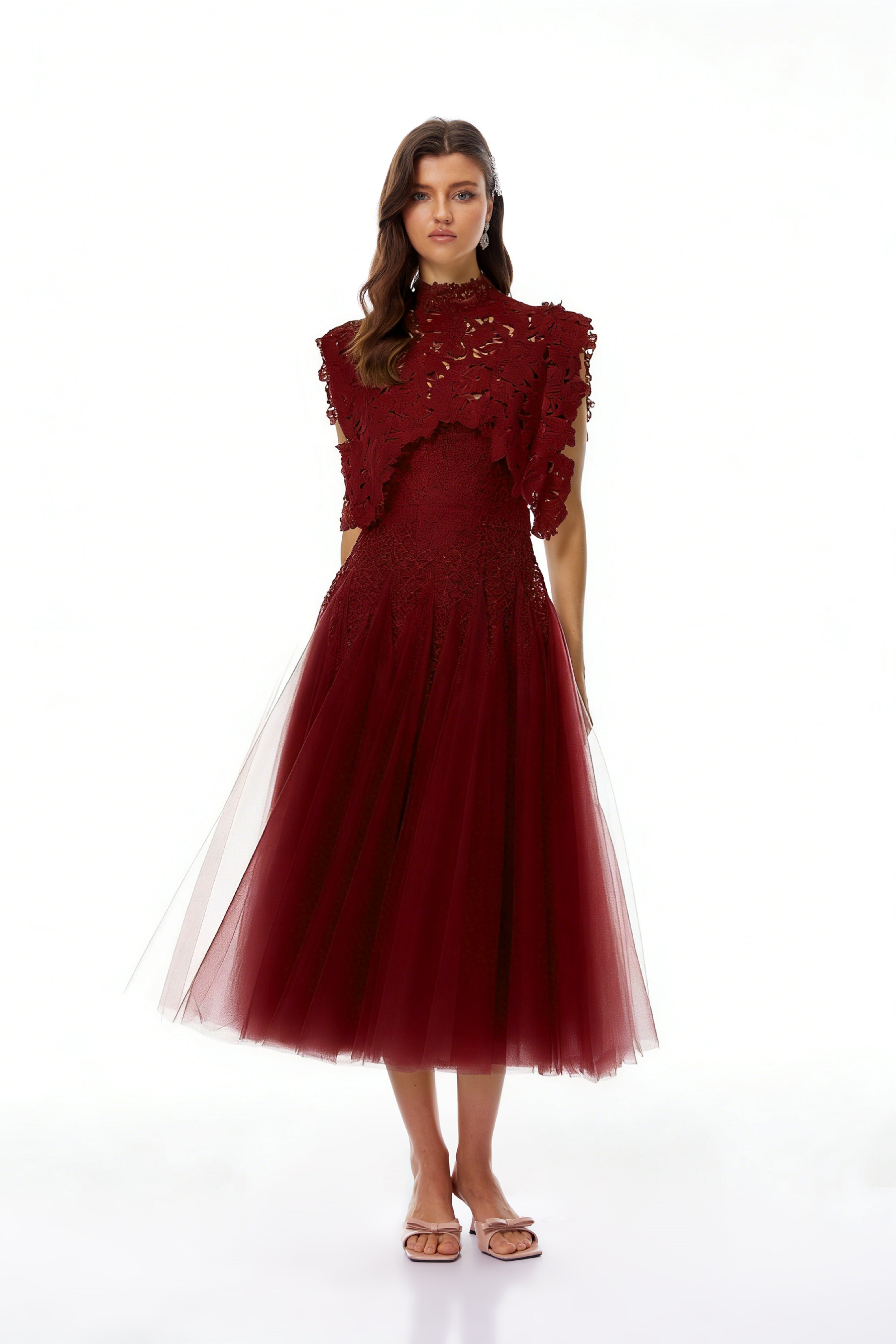 Margaret Red Floral Crochet Midi Dress
