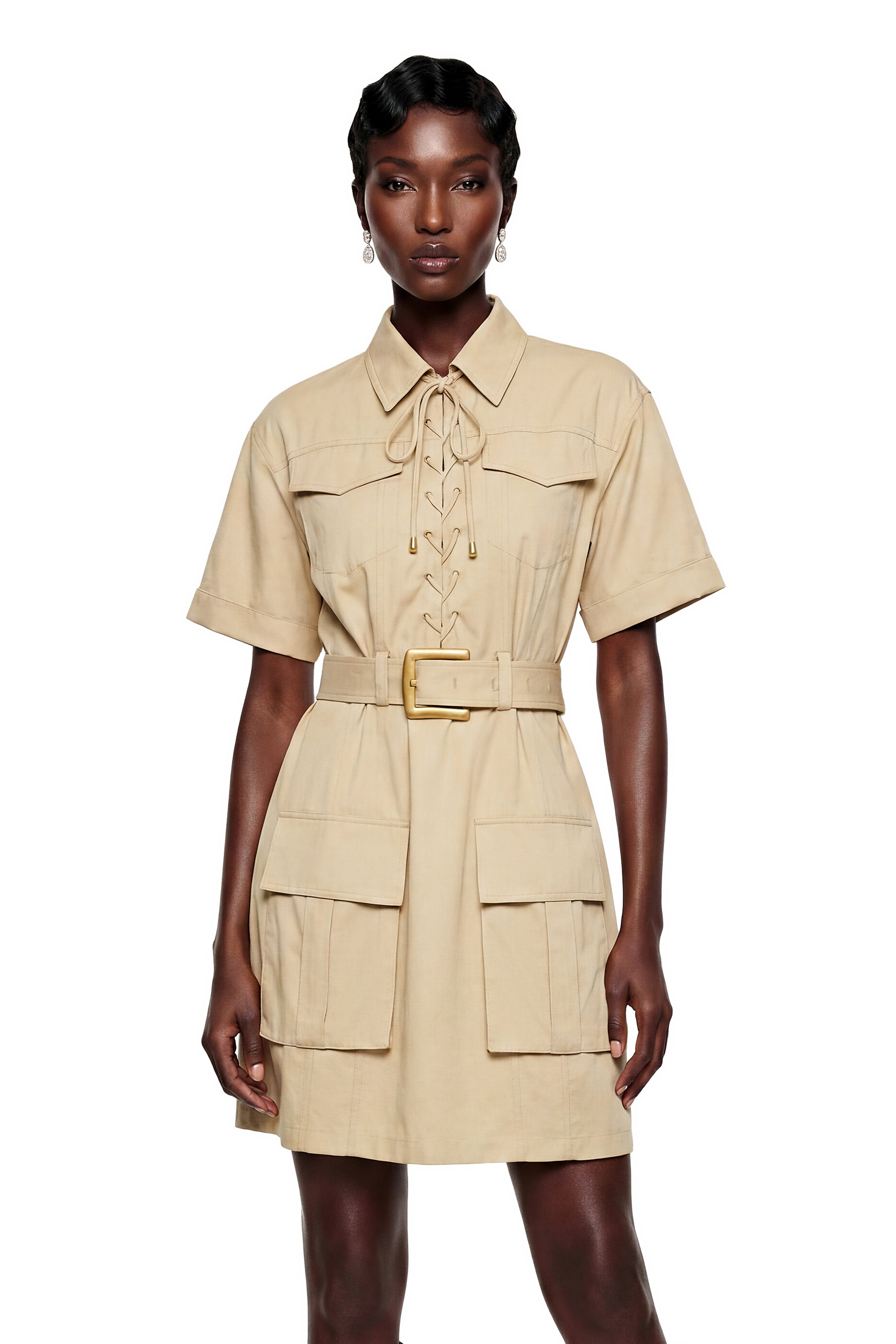 Margaux Cream Short Sleeve Mini Dress with Tie-Front