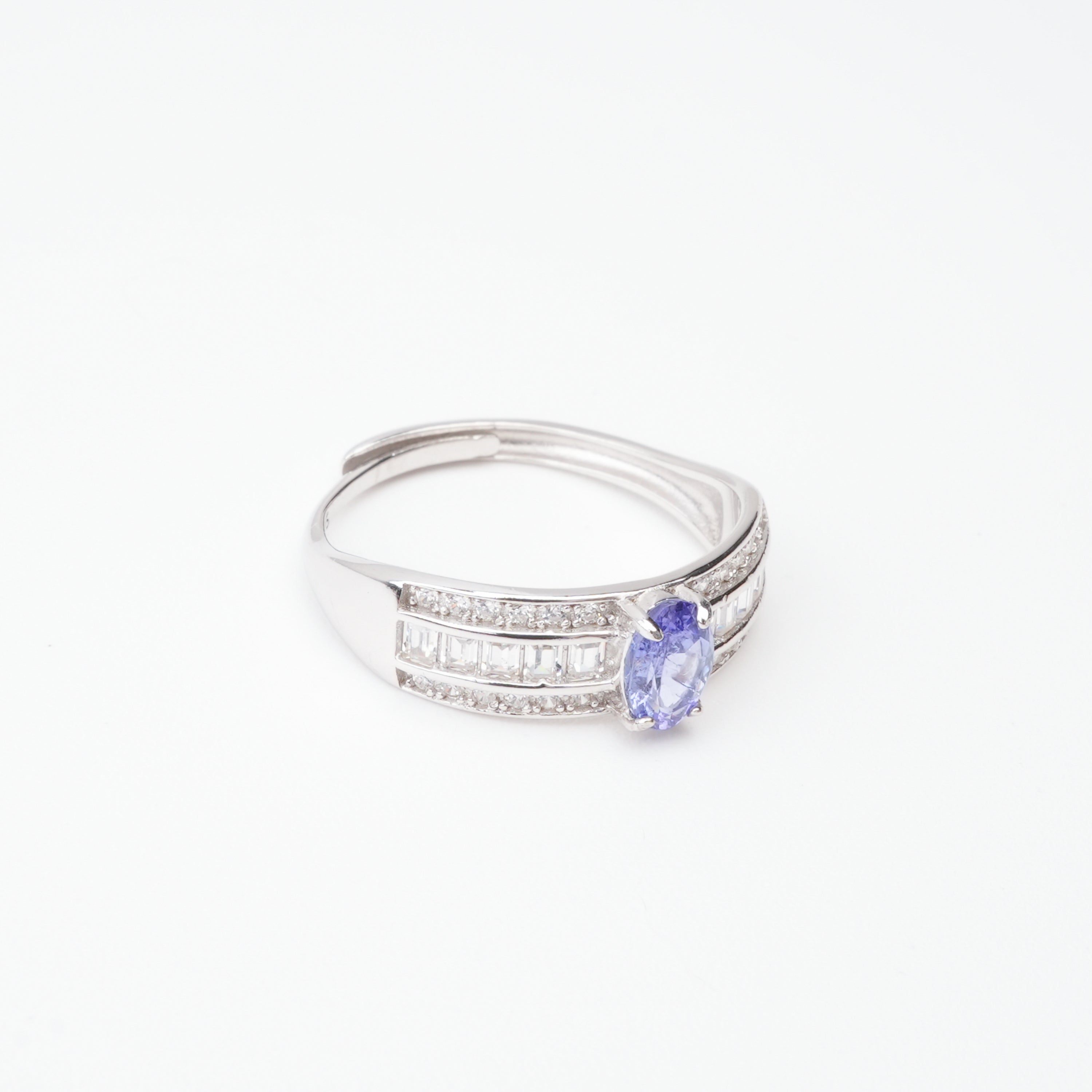 Margot Blue Tanzanite Oval Cut Baguette Pavé Crystal Sterling Silver Ring