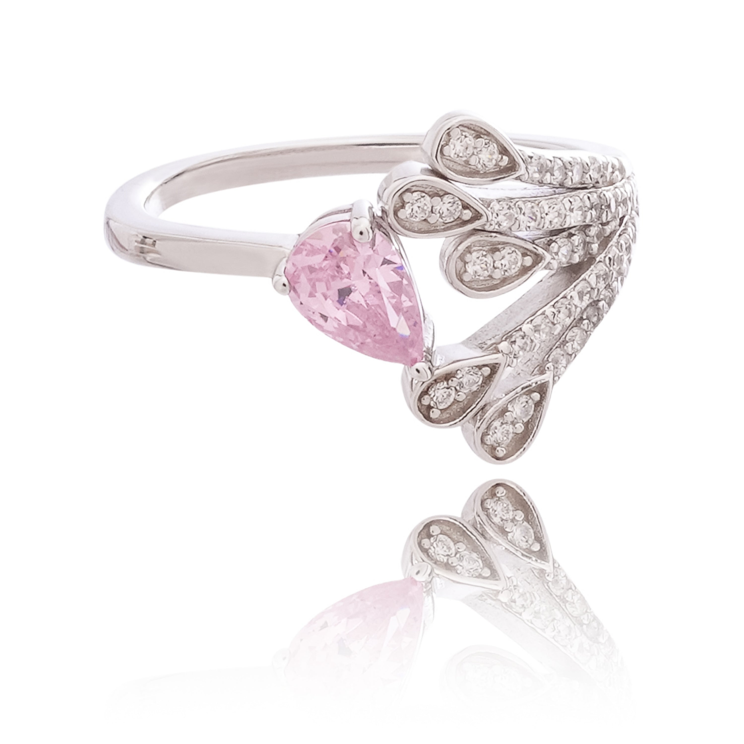 Marguerite Pink Pear Cut Gemstone Feather Crystal Sterling Silver Ring