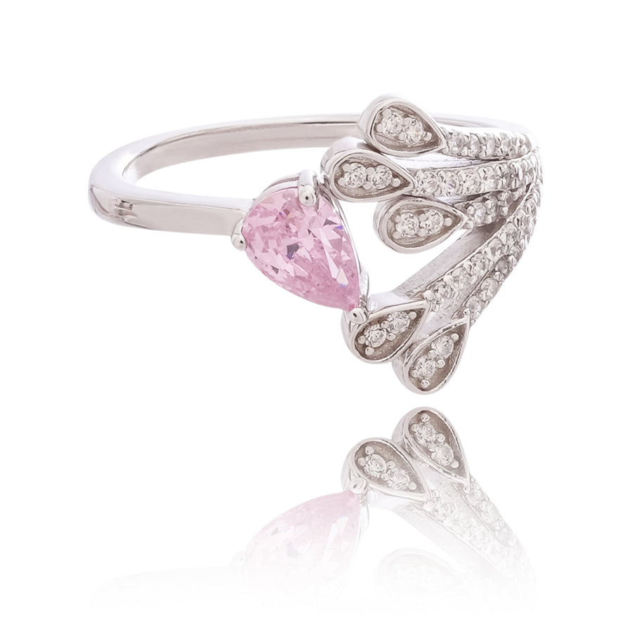 Marguerite Pink Pear Cut Gemstone Feather Crystal Sterling Silver Ring