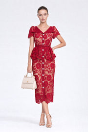 Crystal-Button Lace Peplum Midi Dress - Red