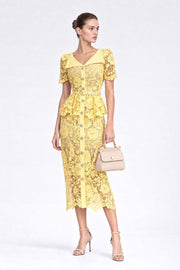 Crystal-Button Lace Peplum Midi Dress - Yellow