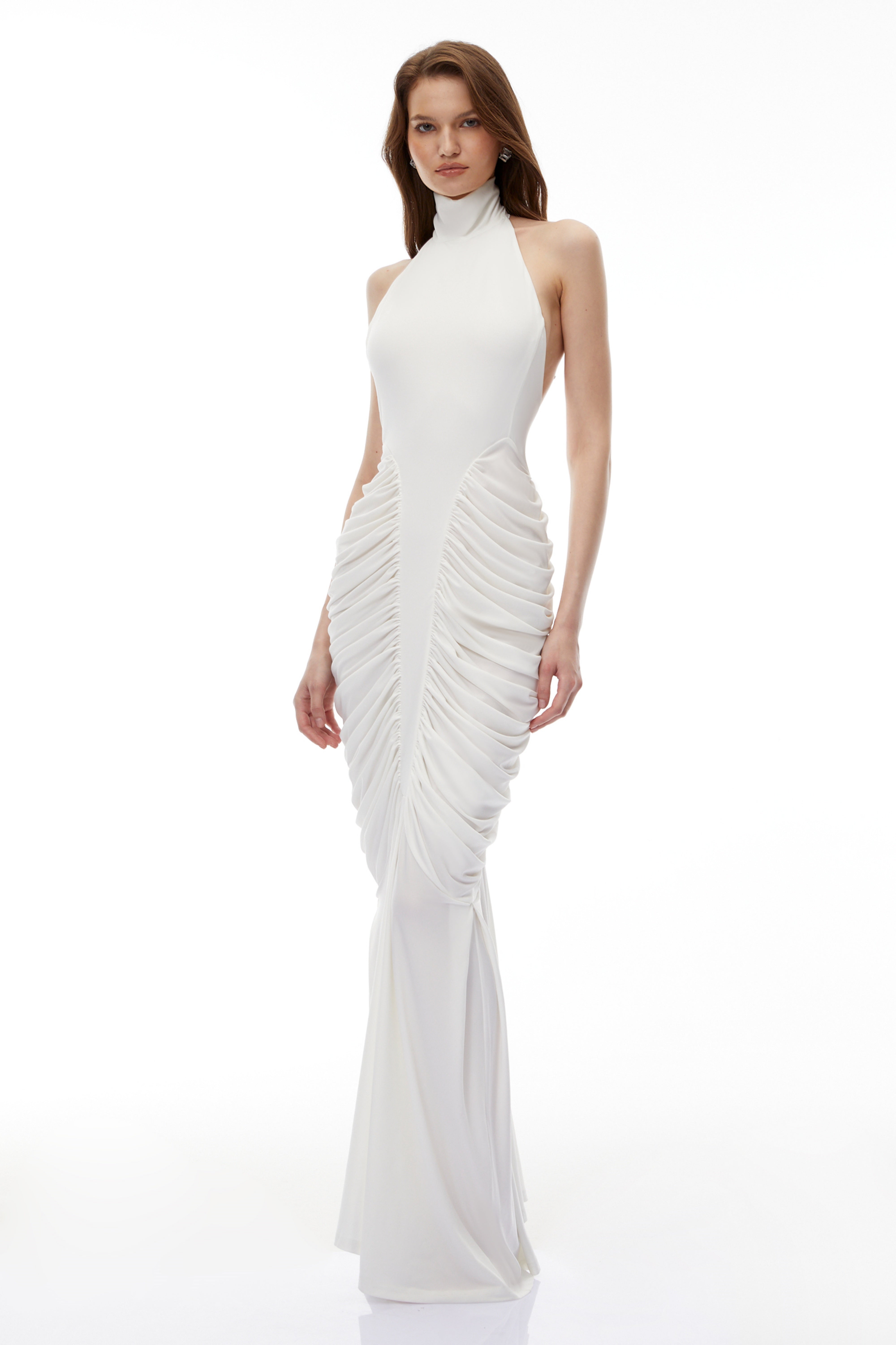 Marhuma White Backless Ruched Maxi Dress