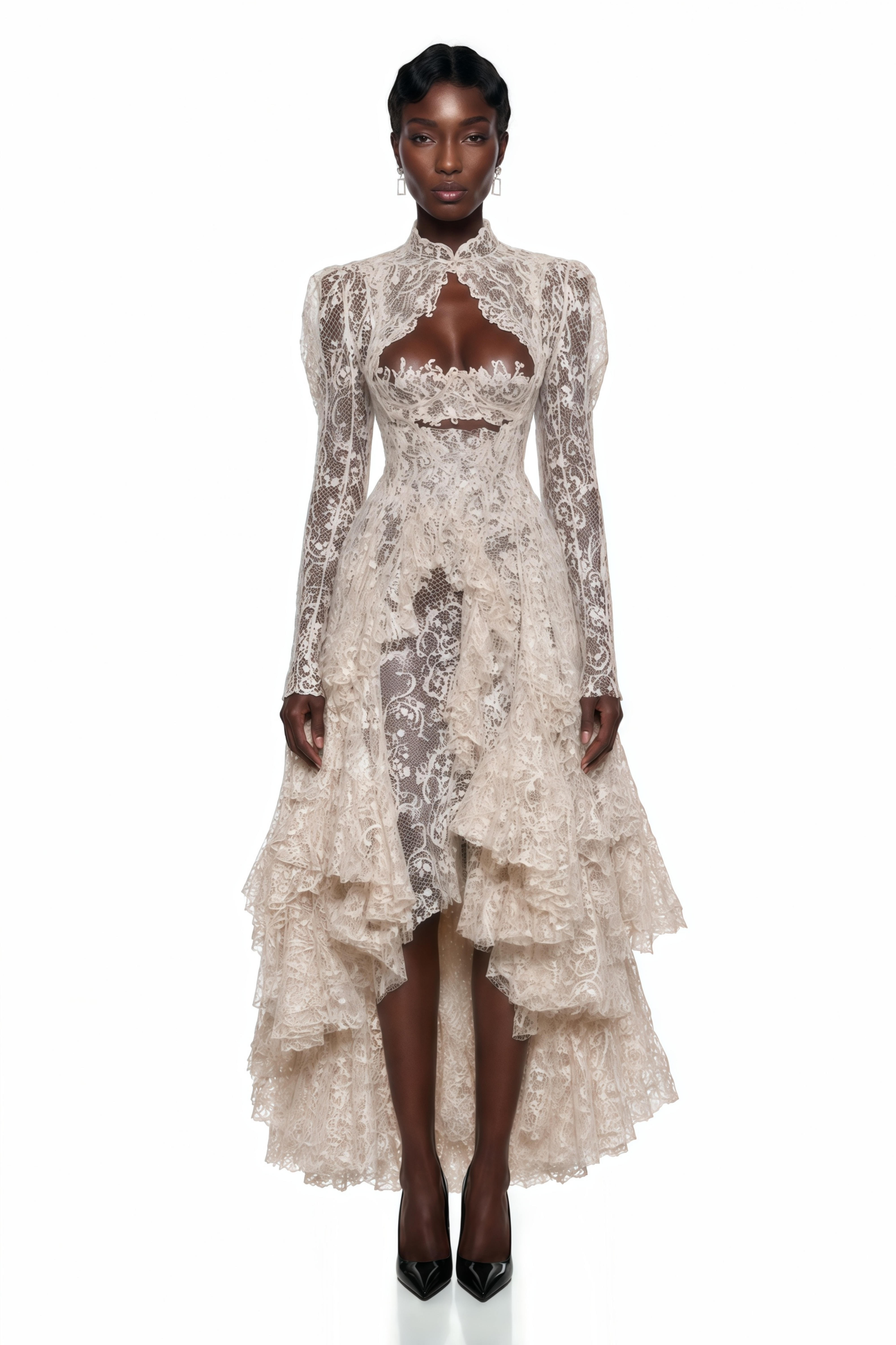 Mariella Ivory Asymmetrical Floral Lace Midi Dress