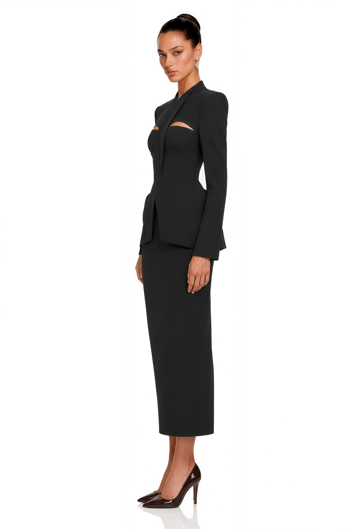 marietta black structured blazer & pencil midi skirt set