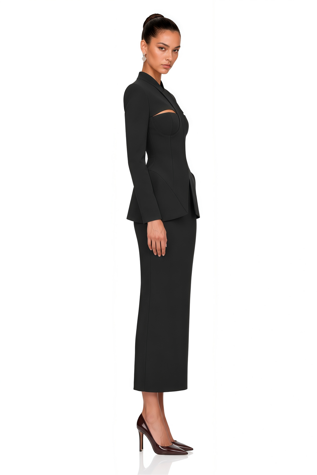 marietta black structured blazer & pencil midi skirt set