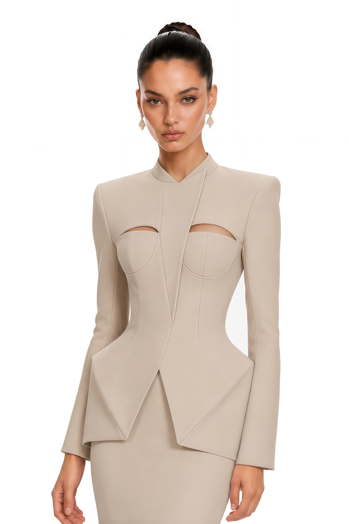 marietta neutral structured blazer & pencil midi skirt set