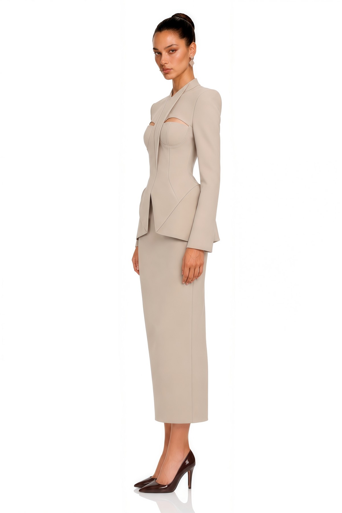 marietta neutral structured blazer & pencil midi skirt set