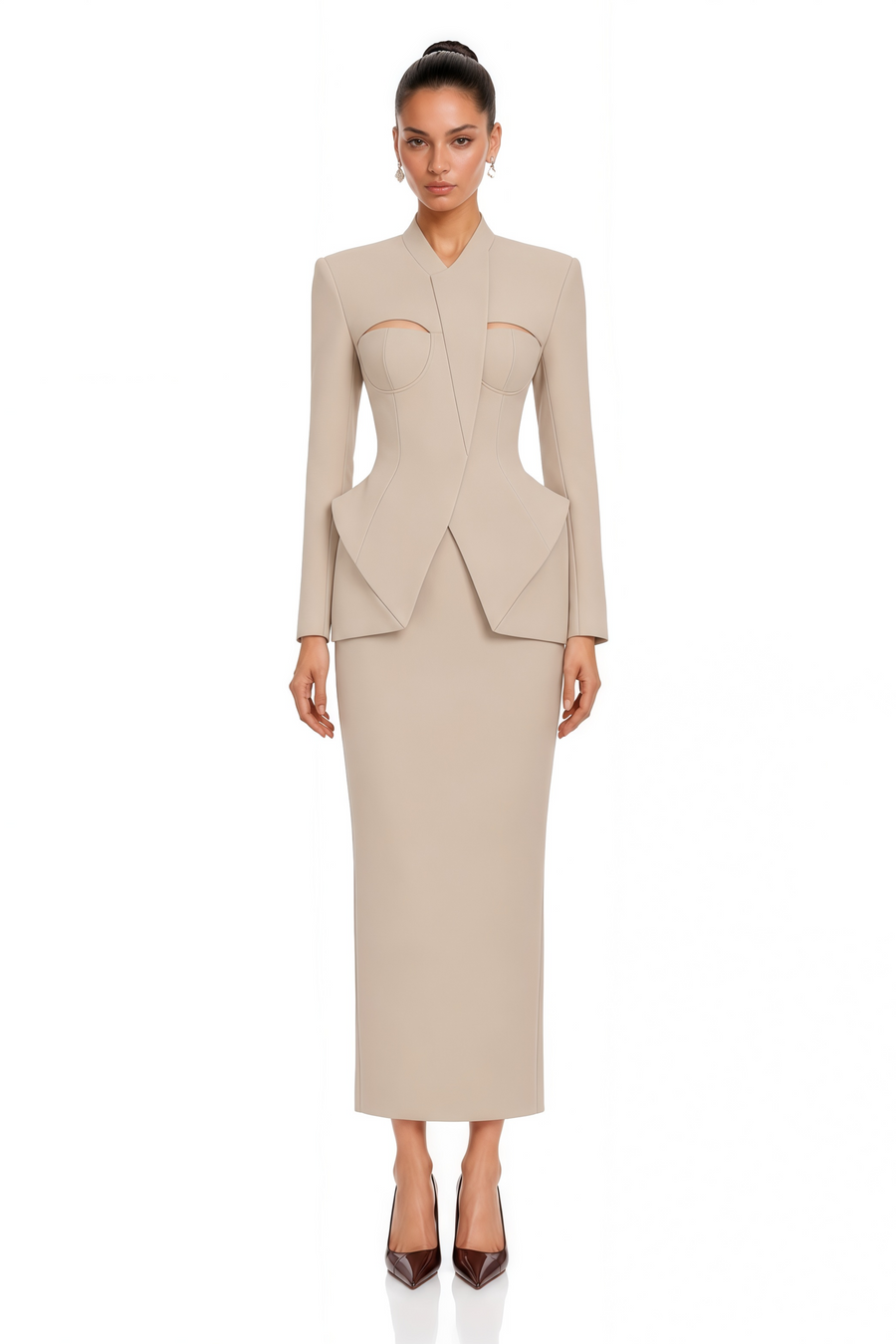 marietta neutral structured blazer & pencil midi skirt set