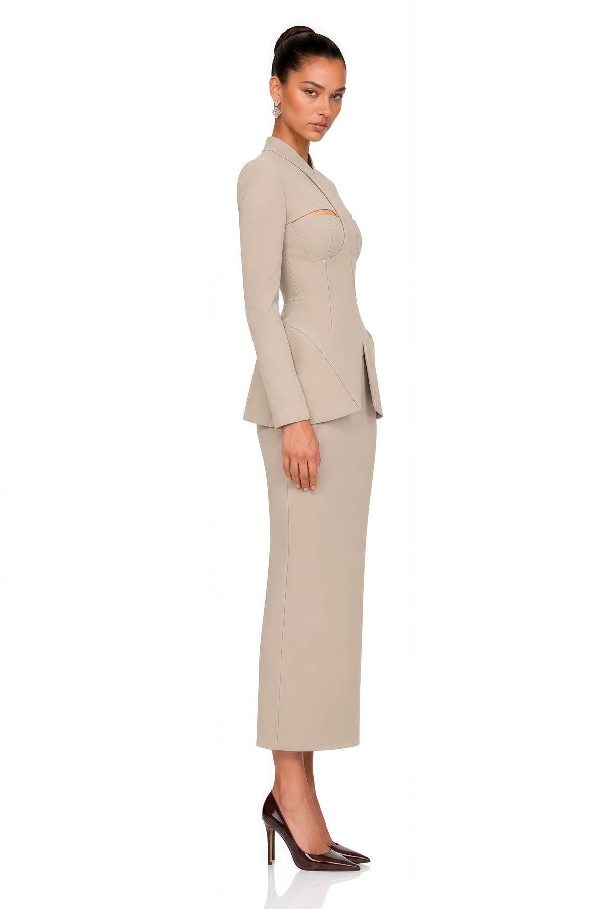 marietta neutral structured blazer & pencil midi skirt set