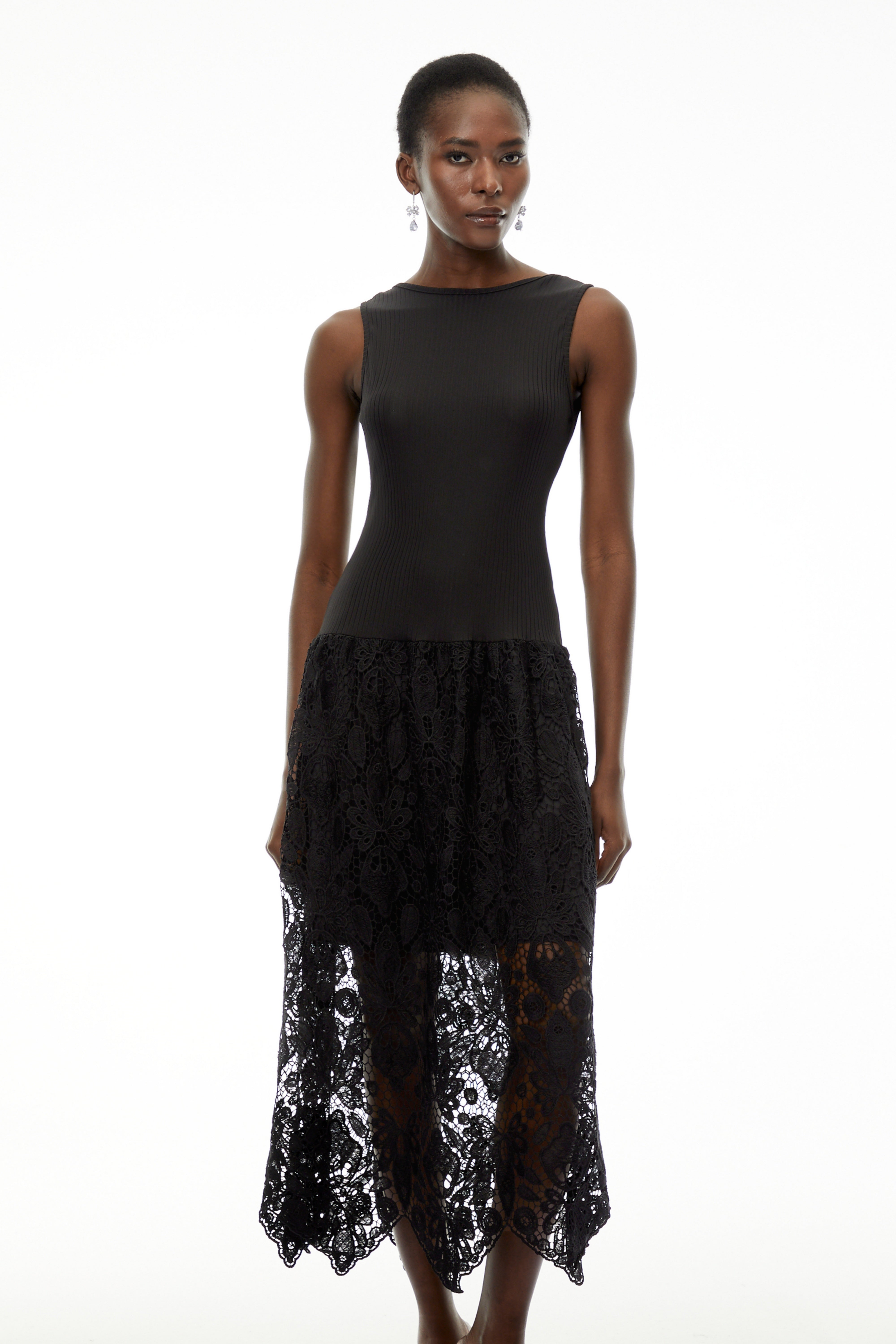 knitted lace dress Marion Black Textured Knit Midi Dress with Lace
