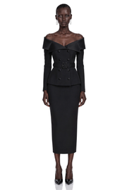 Maristella Black Off Shoulder Belted Blazer & Midi Skirt Set