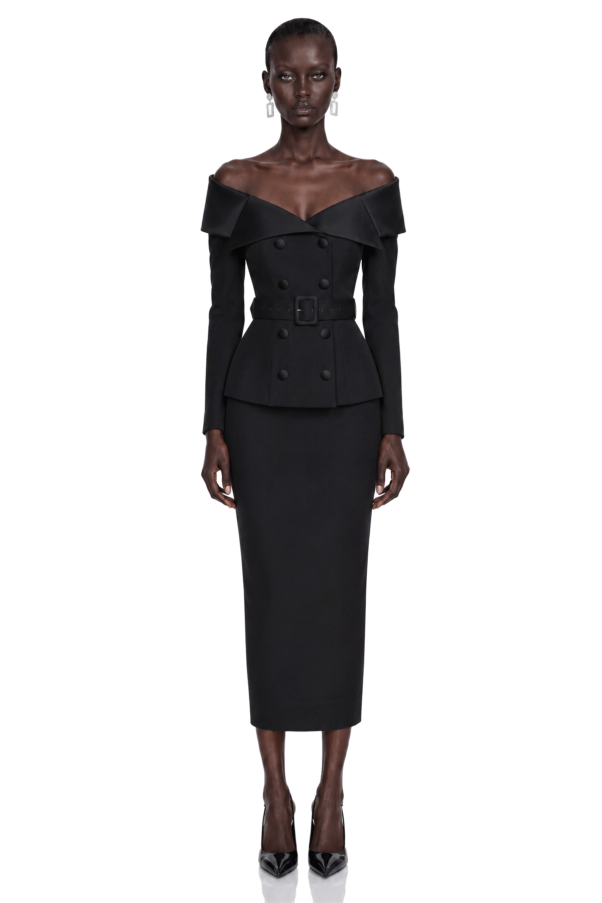 maristella black off shoulder belted blazer & midi skirt set