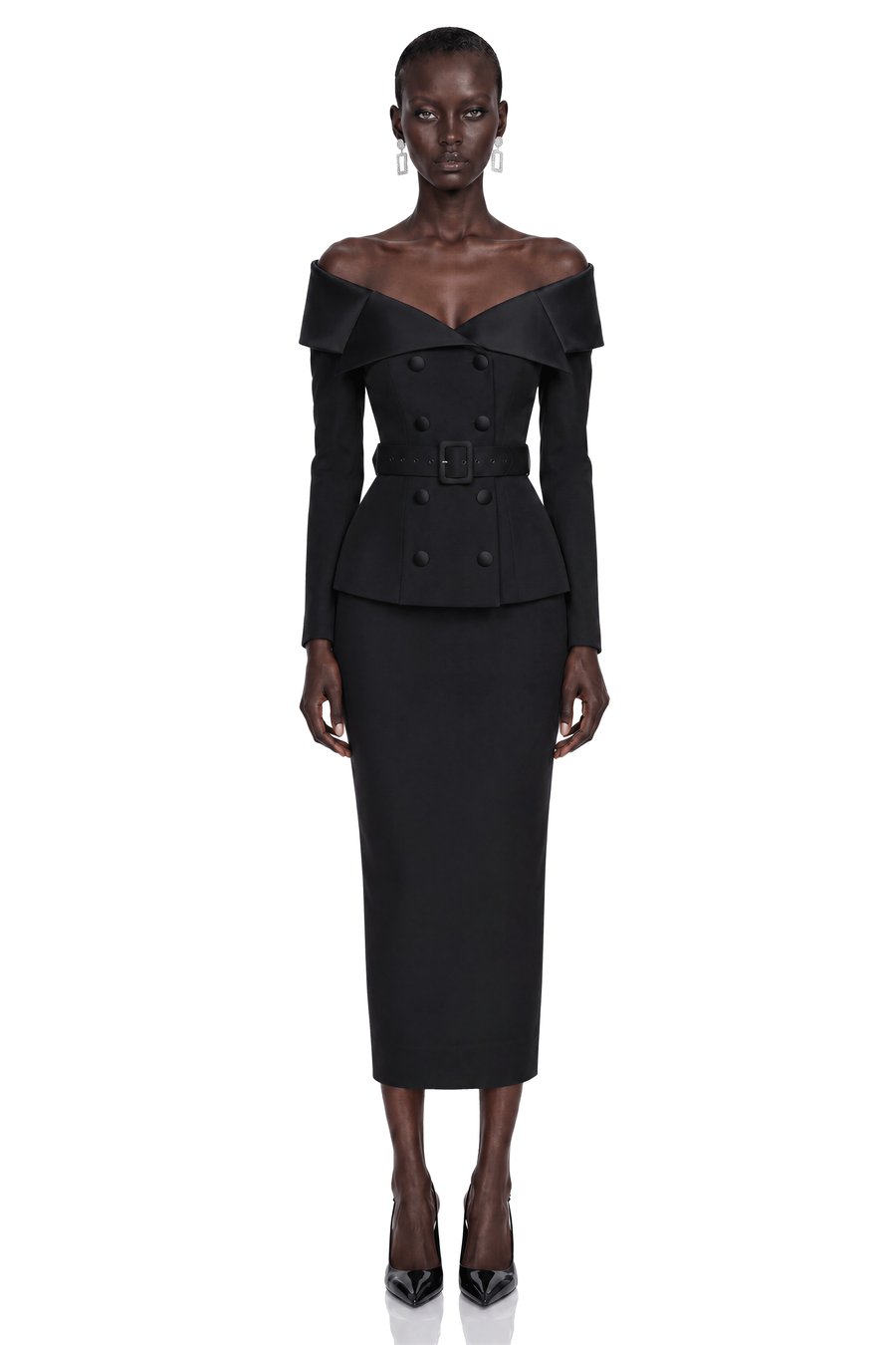 maristella black off shoulder belted blazer & midi skirt set
