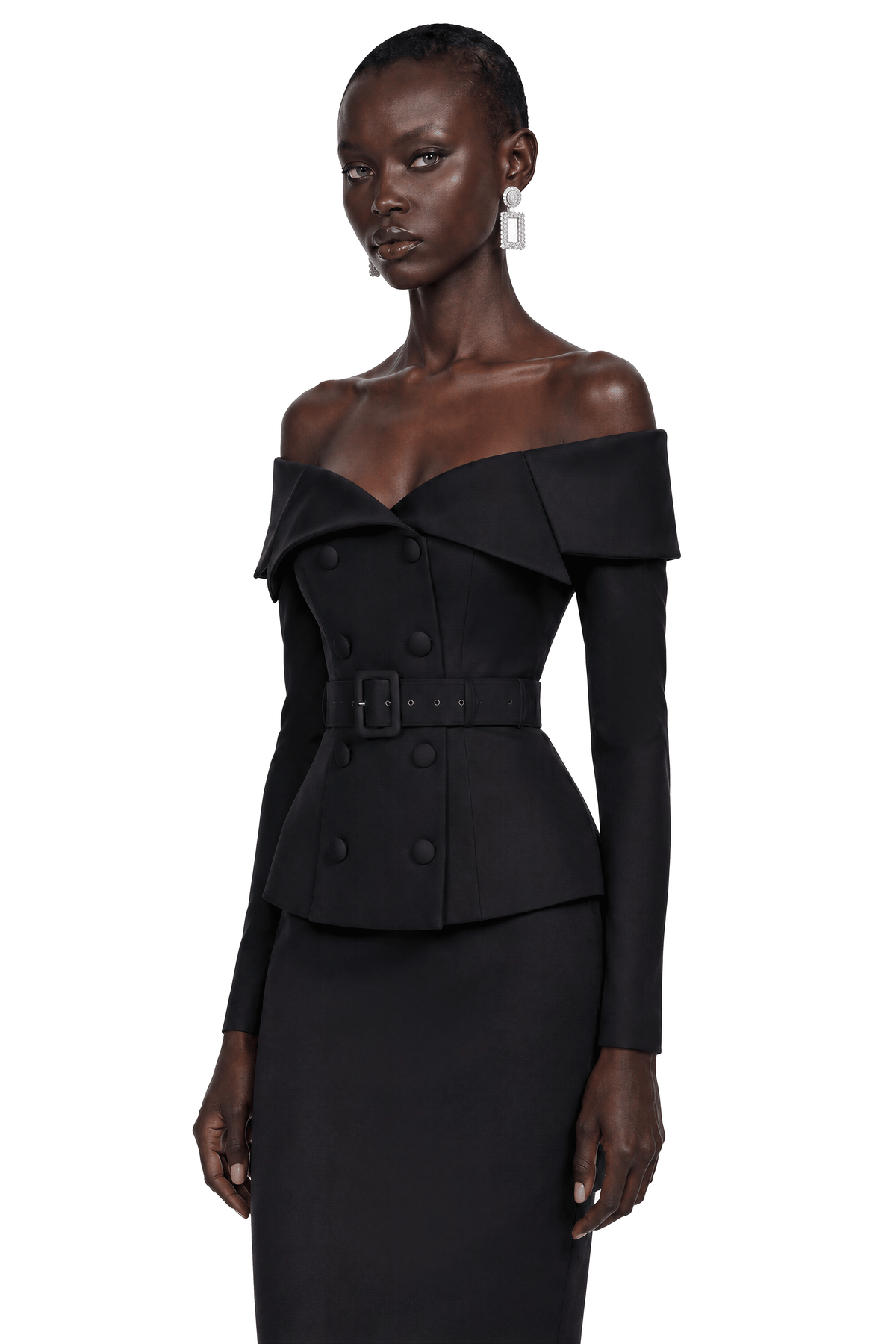 maristella black off shoulder belted blazer & midi skirt set