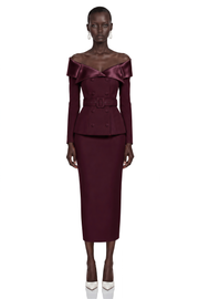 Maristella Burgundy Off Shoulder Belted Blazer & Midi Skirt Set
