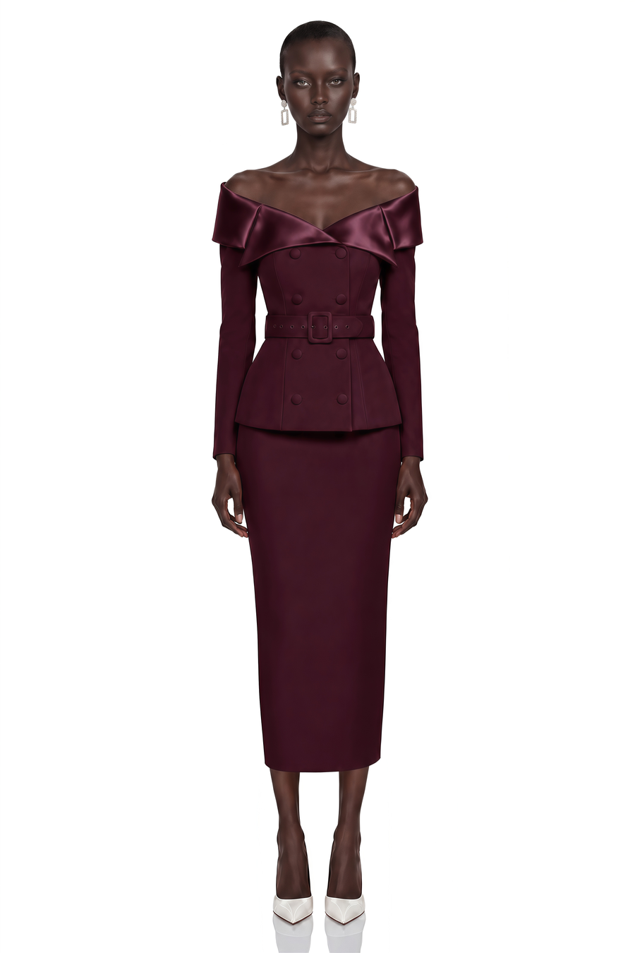 maristella burgundy off shoulder belted blazer & midi skirt set