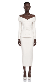 Maristella White Off Shoulder Belted Blazer & Midi Skirt Set