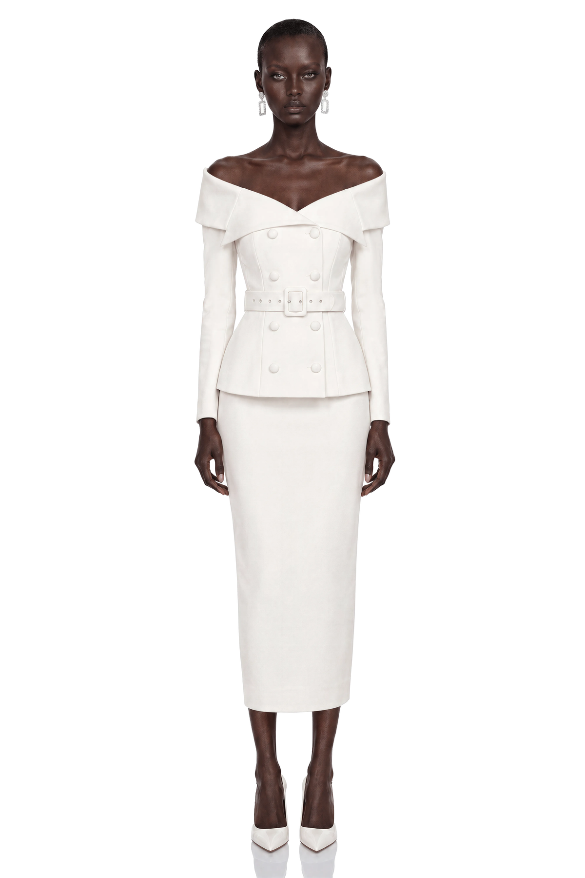 maristella white off shoulder belted blazer & midi skirt set