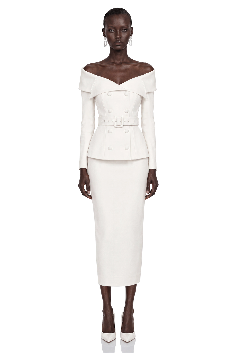 maristella white off shoulder belted blazer & midi skirt set