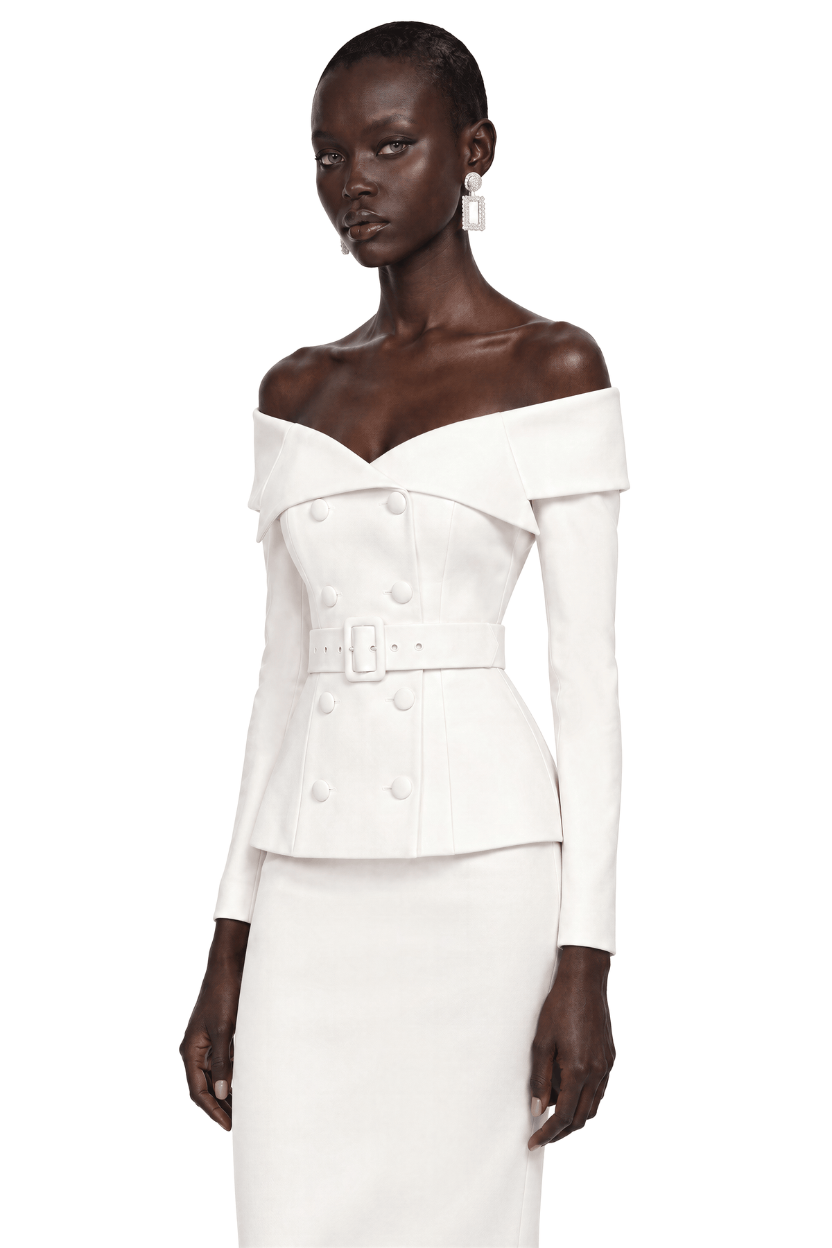 maristella white off shoulder belted blazer & midi skirt set