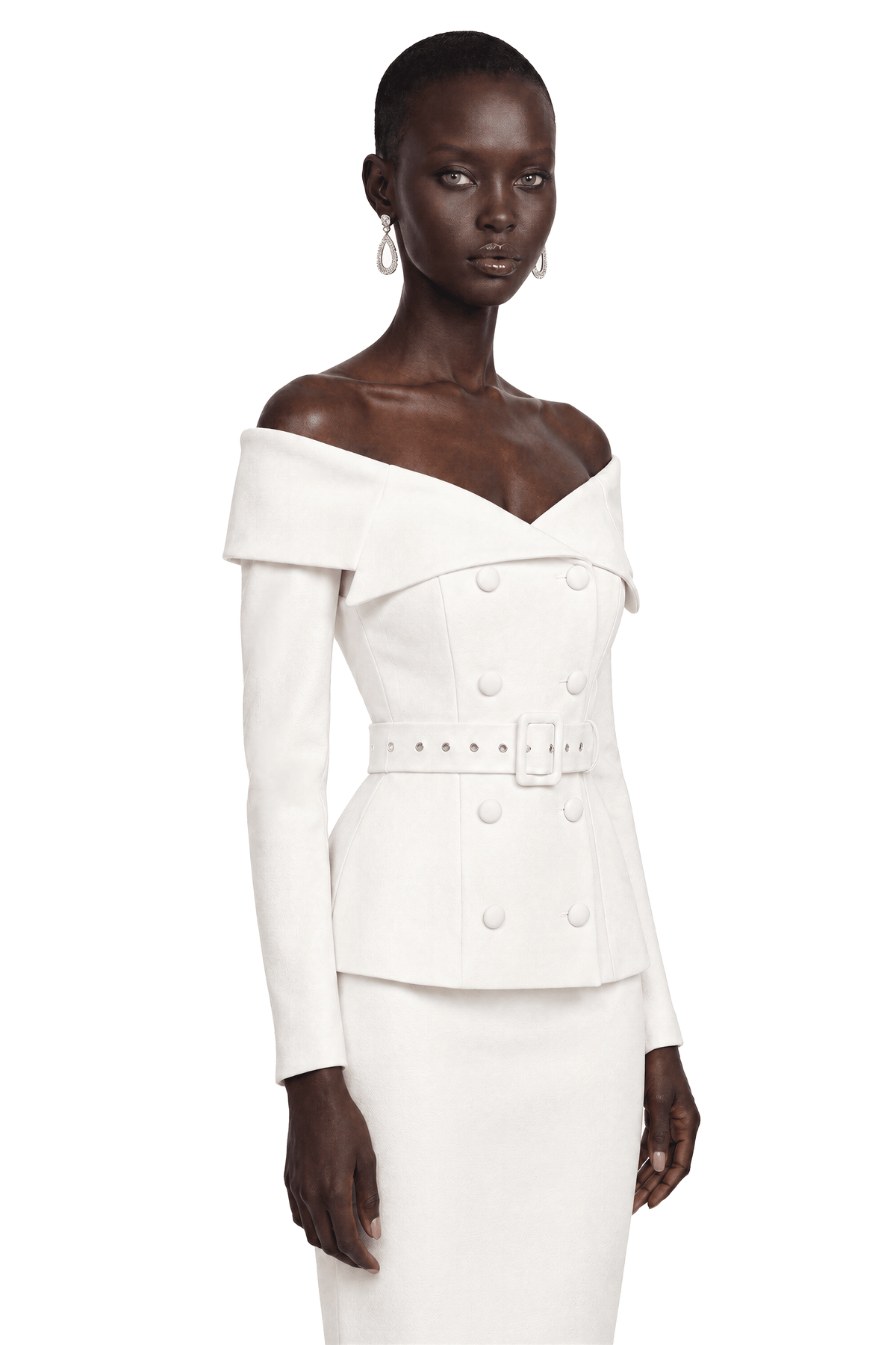 maristella white off shoulder belted blazer & midi skirt set