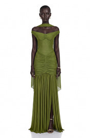 Geneviève Green Off Shoulder Ruched Maxi Dress