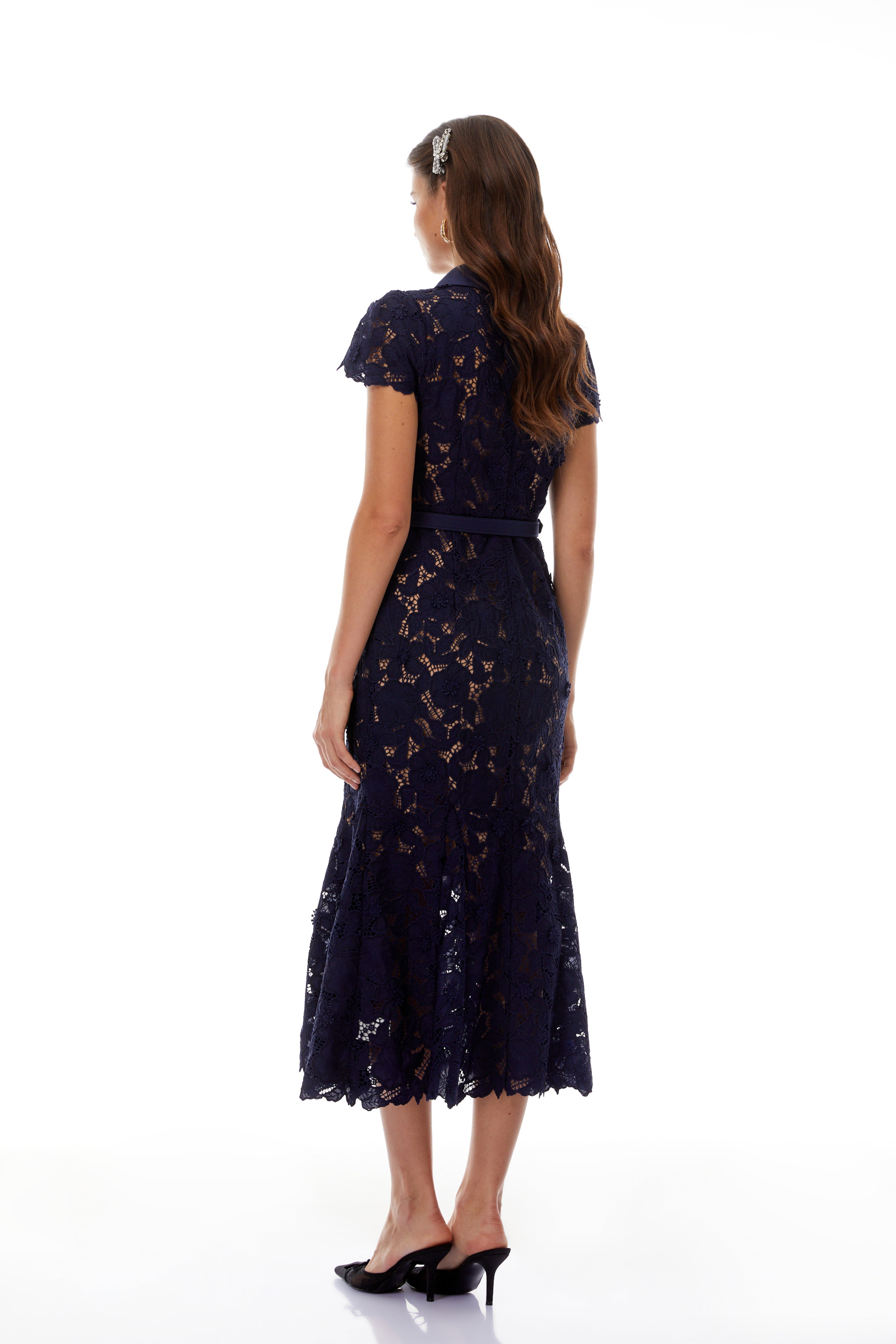 Marlene Navy Blue Floral Lace Midi Dress