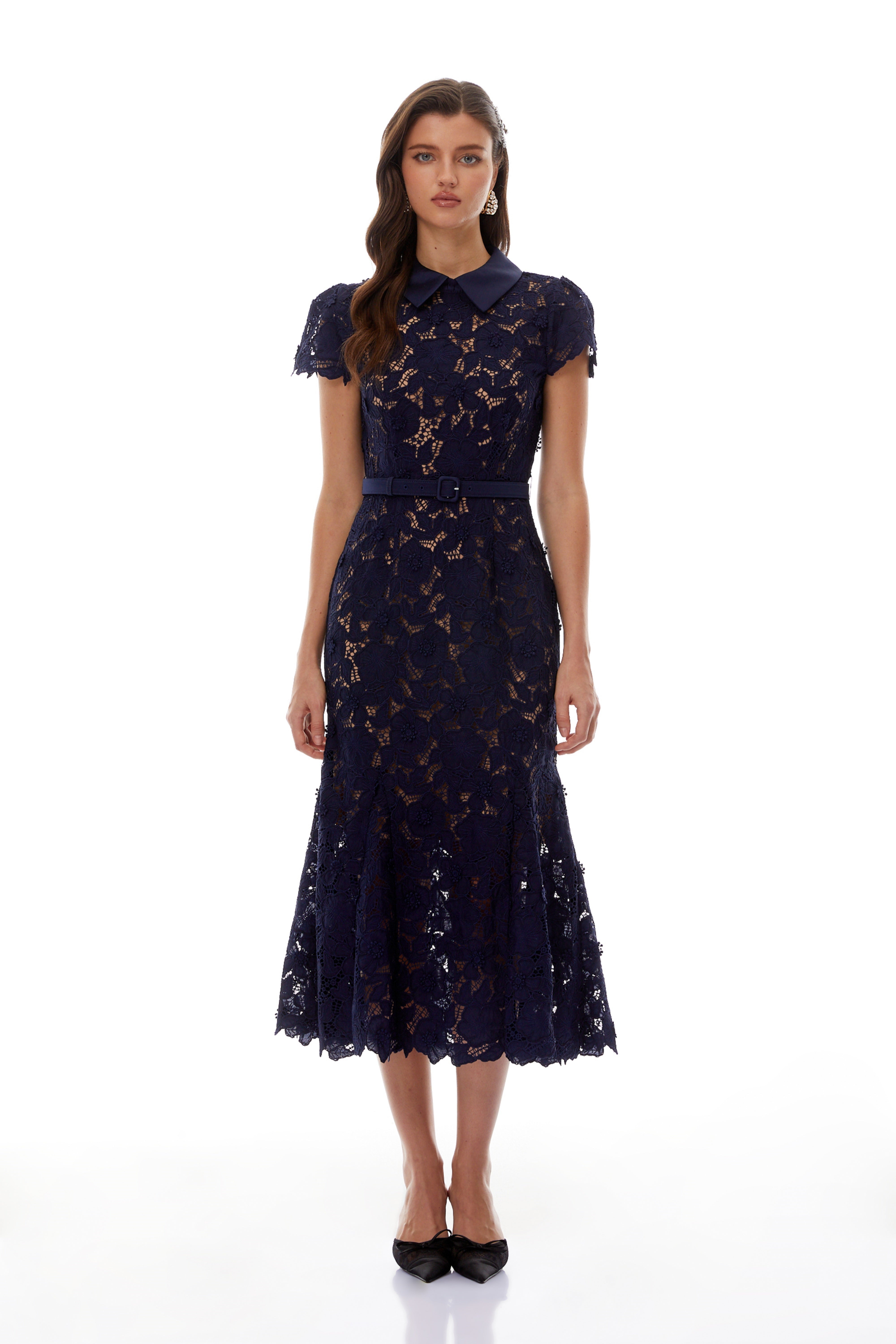 Marlene Navy Blue Floral Lace Midi Dress
