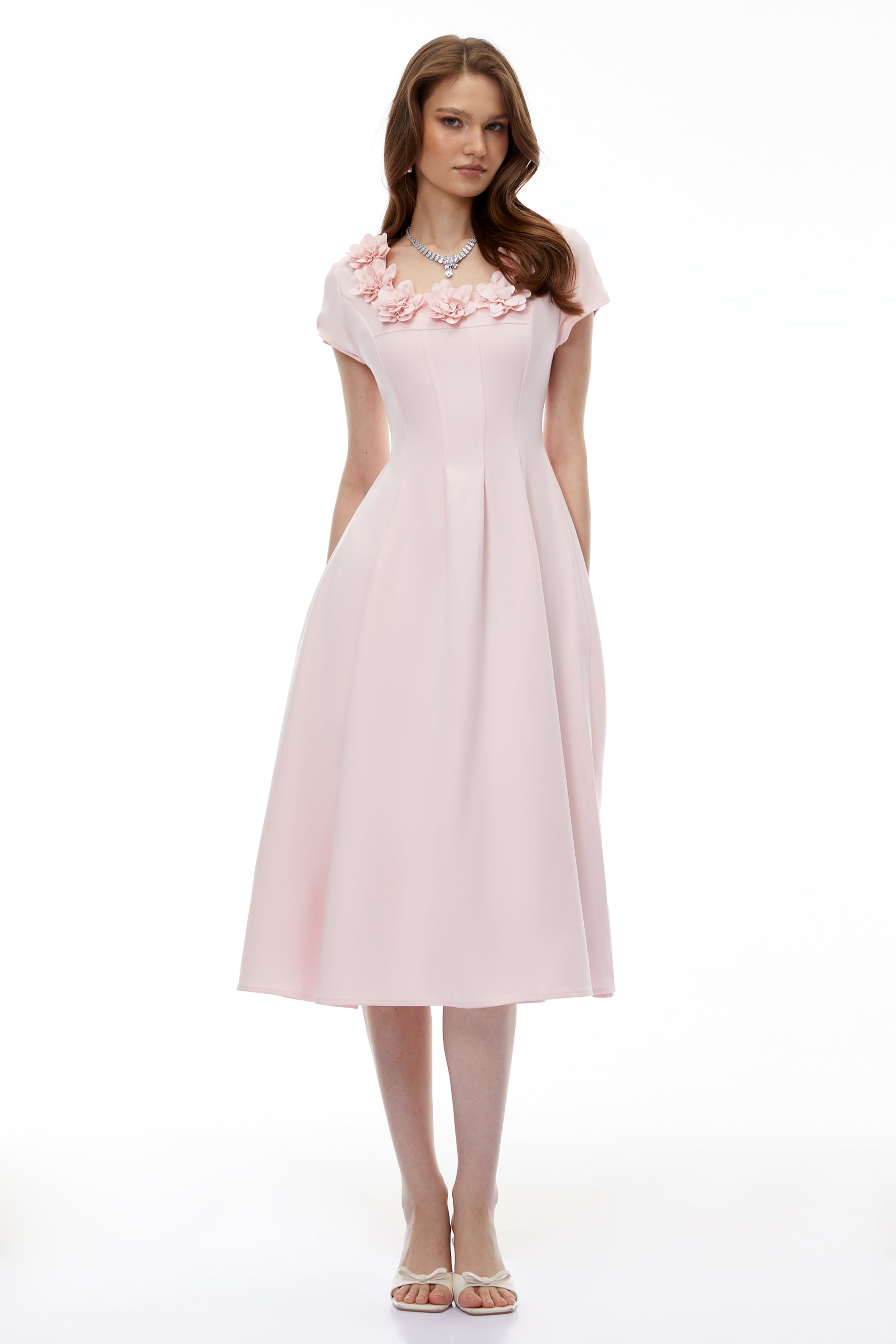 Marley Pink Pleated Midi Dress with 3D Petals
