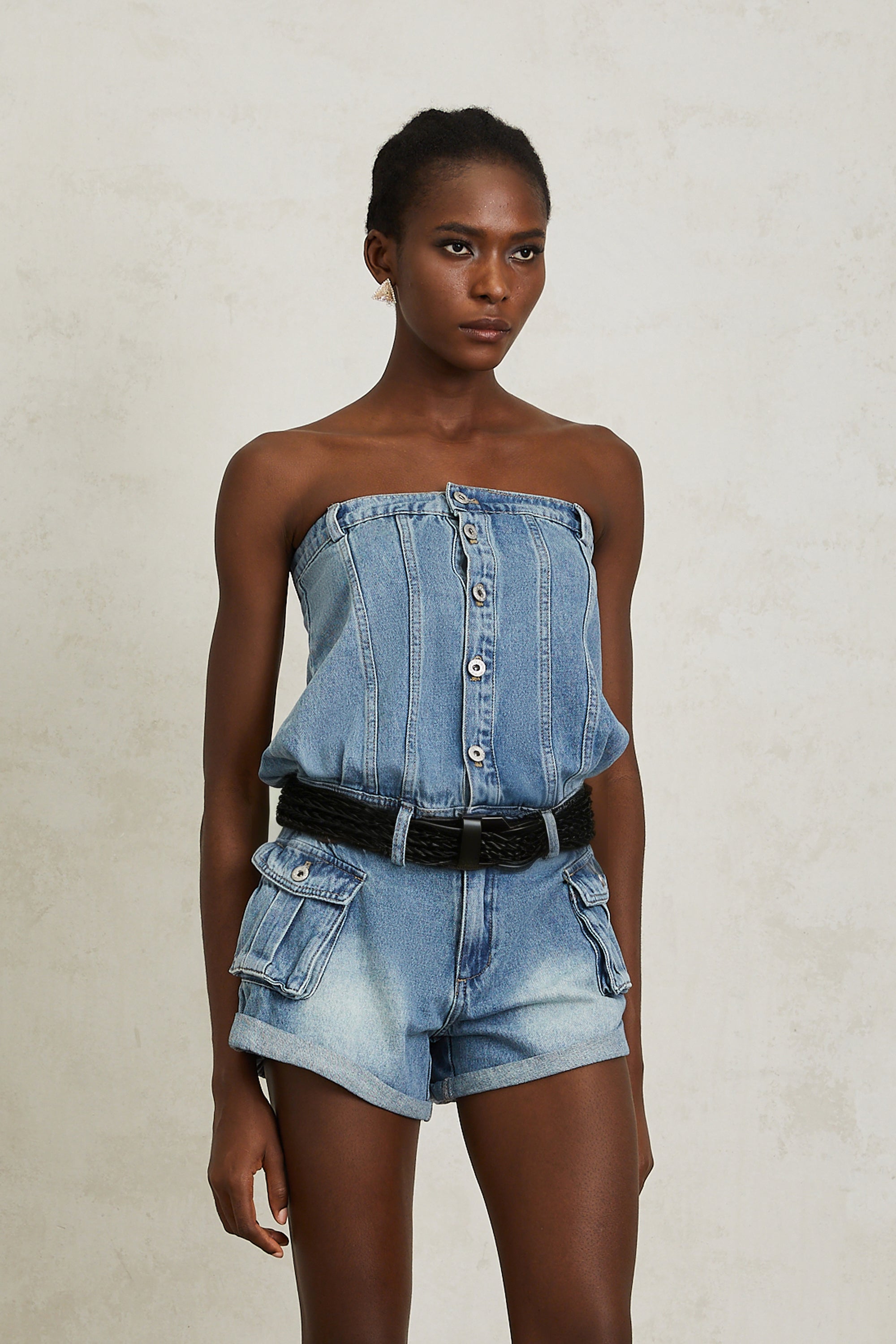 Marta Blue Faded Effect Denim Playsuit (Final Sale-US Only)