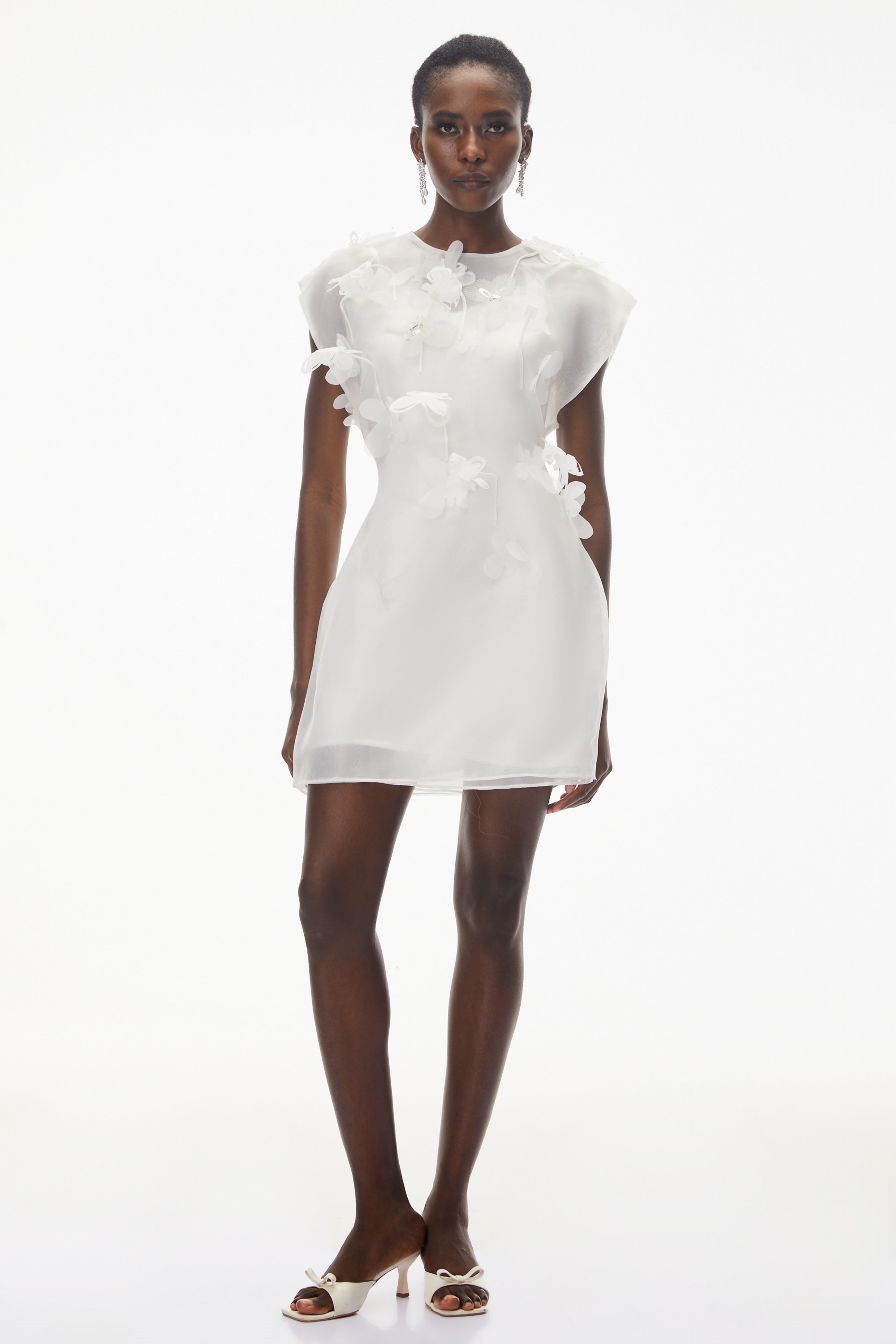 Maryam White Chiffon Mini Dress with 3D Petals