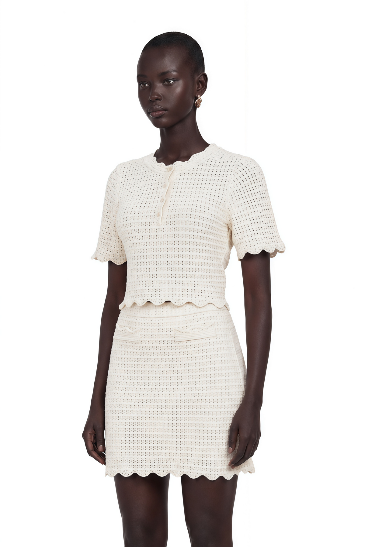 maxanne cream-white ruffled pointelle-knit top & skirt matching set