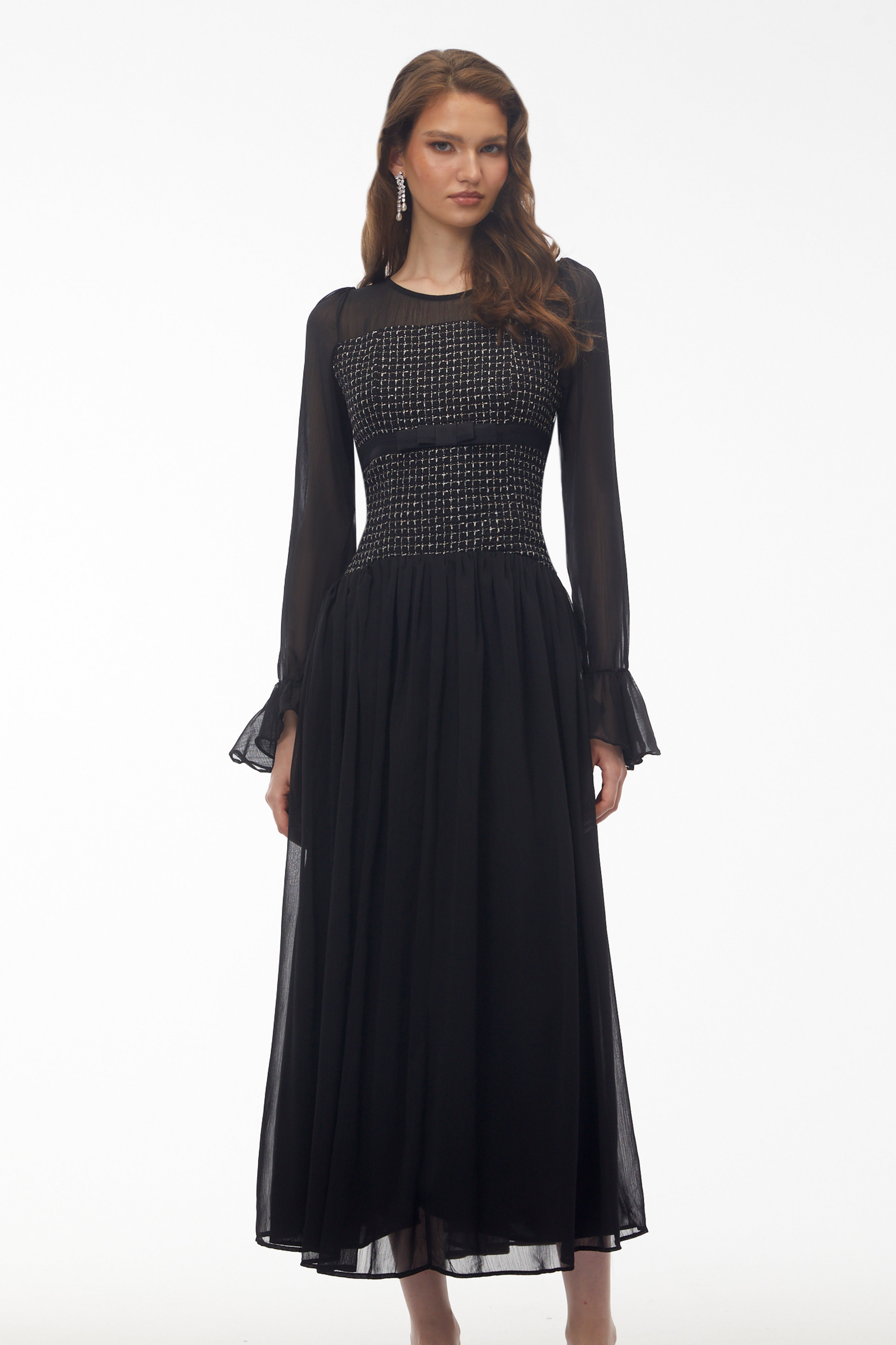 Maya Black Maxi Dress with Bell Sleeves and Bow