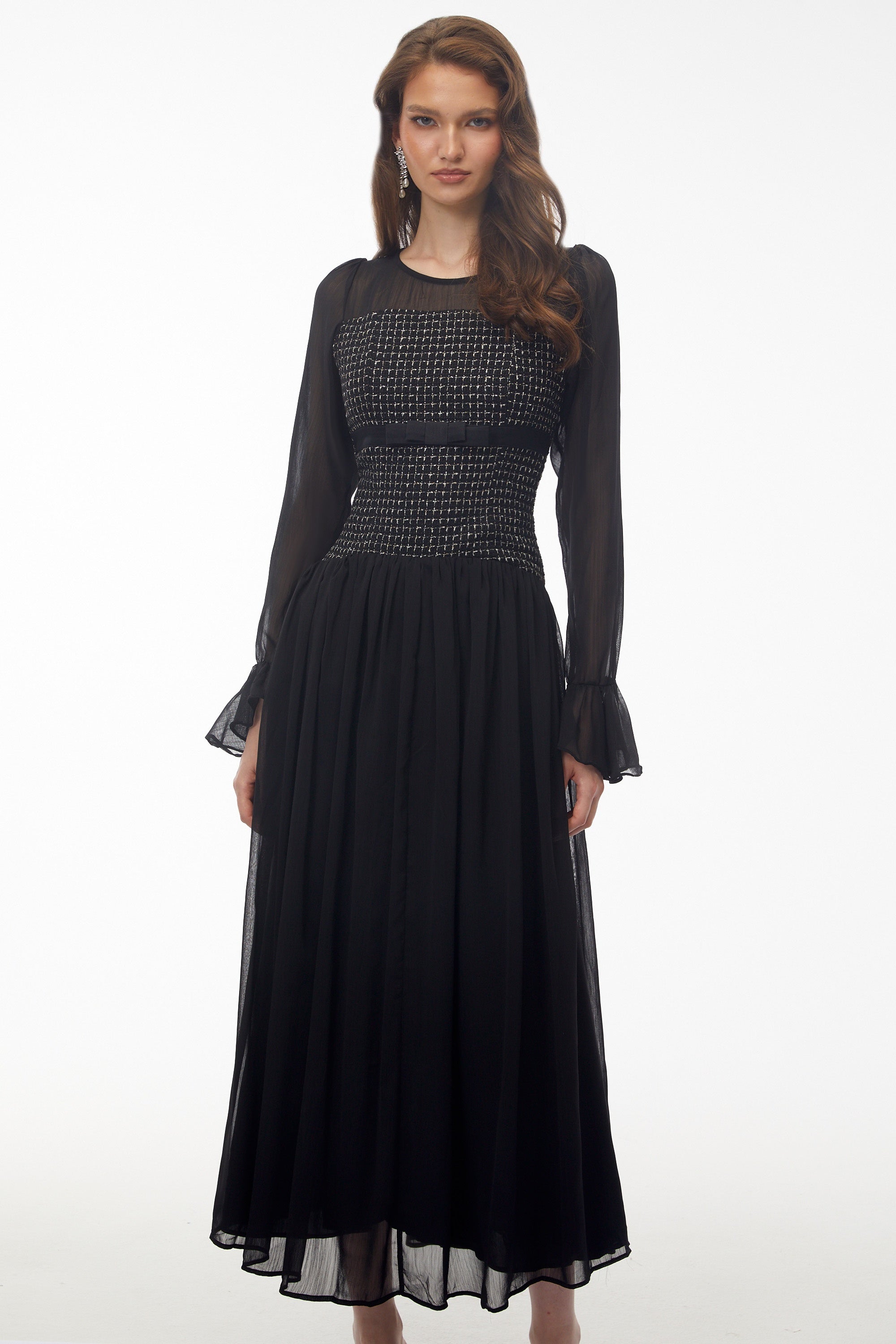 Maya Black Maxi Dress with Bell Sleeves and Bow