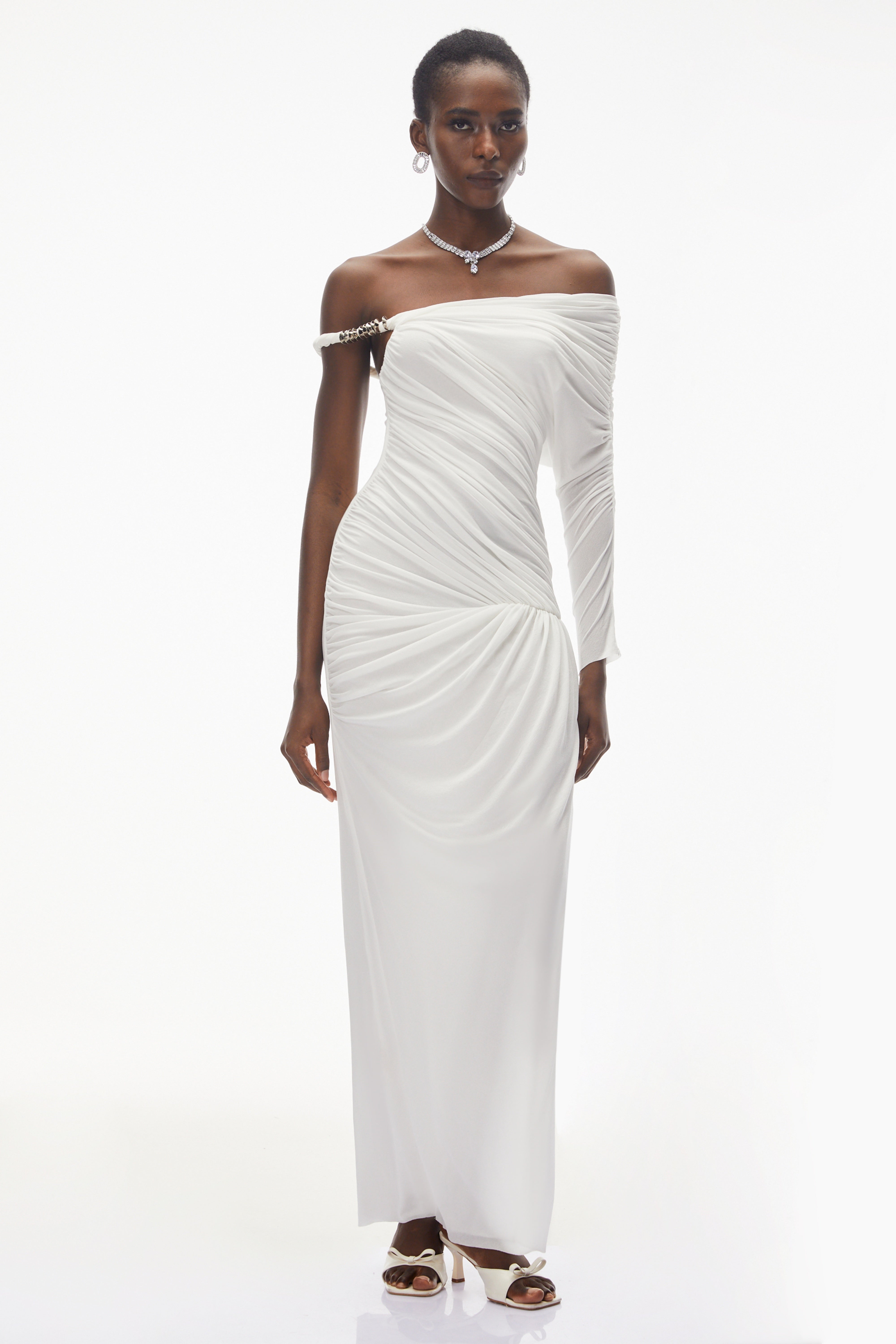 Maya White One Shoulder Ruched Maxi Dress