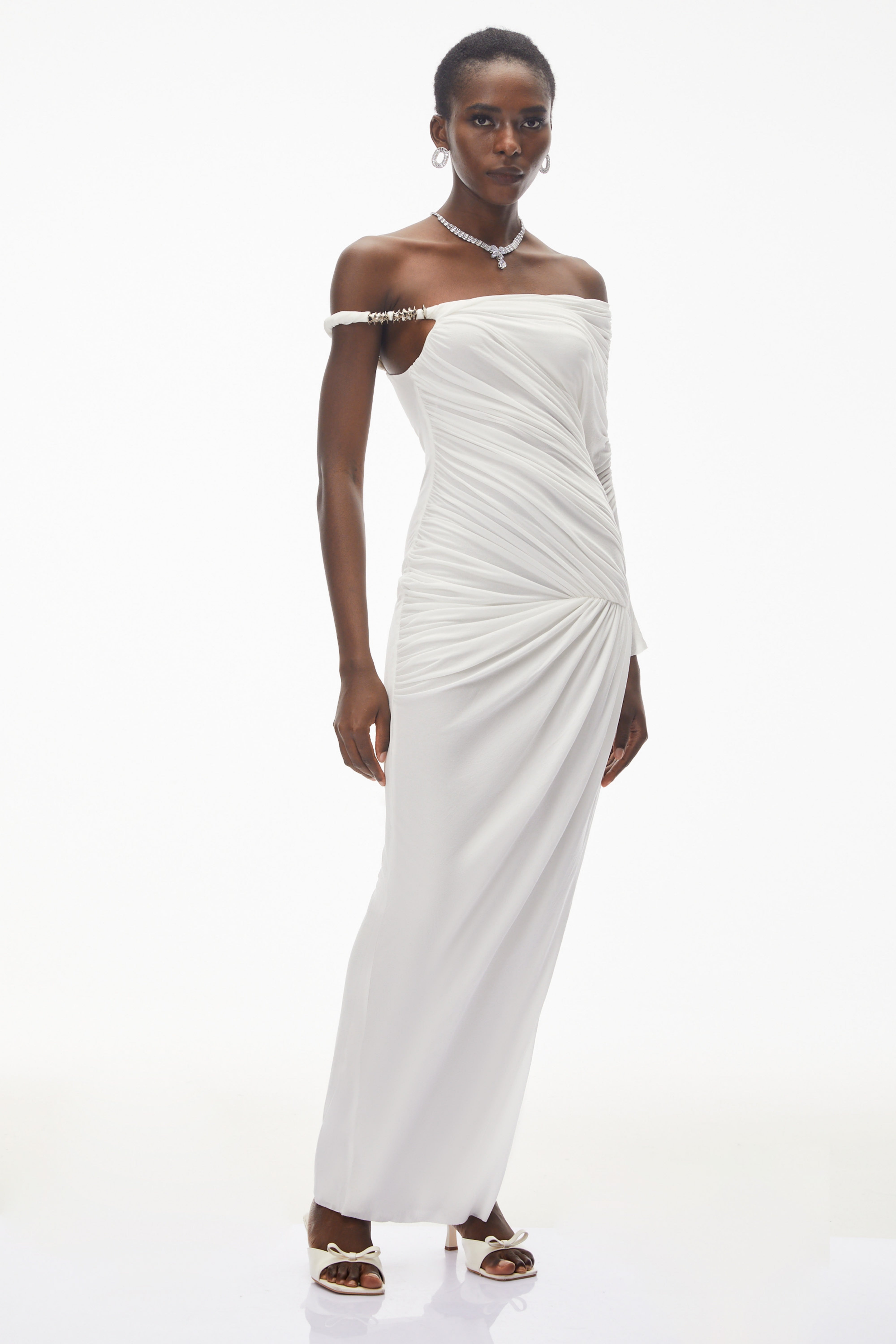 Maya White One Shoulder Ruched Maxi Dress