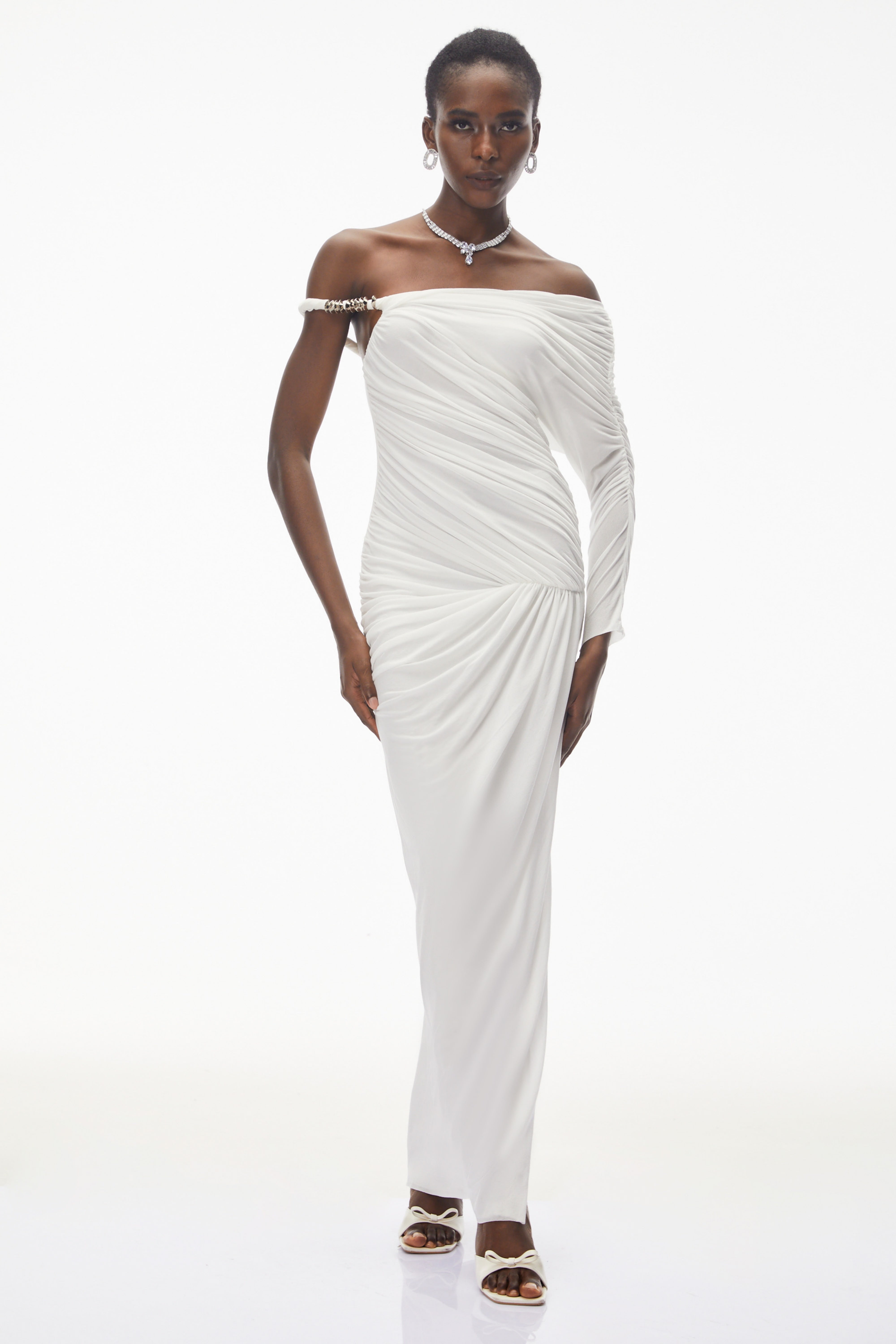 Maya White One Shoulder Ruched Maxi Dress