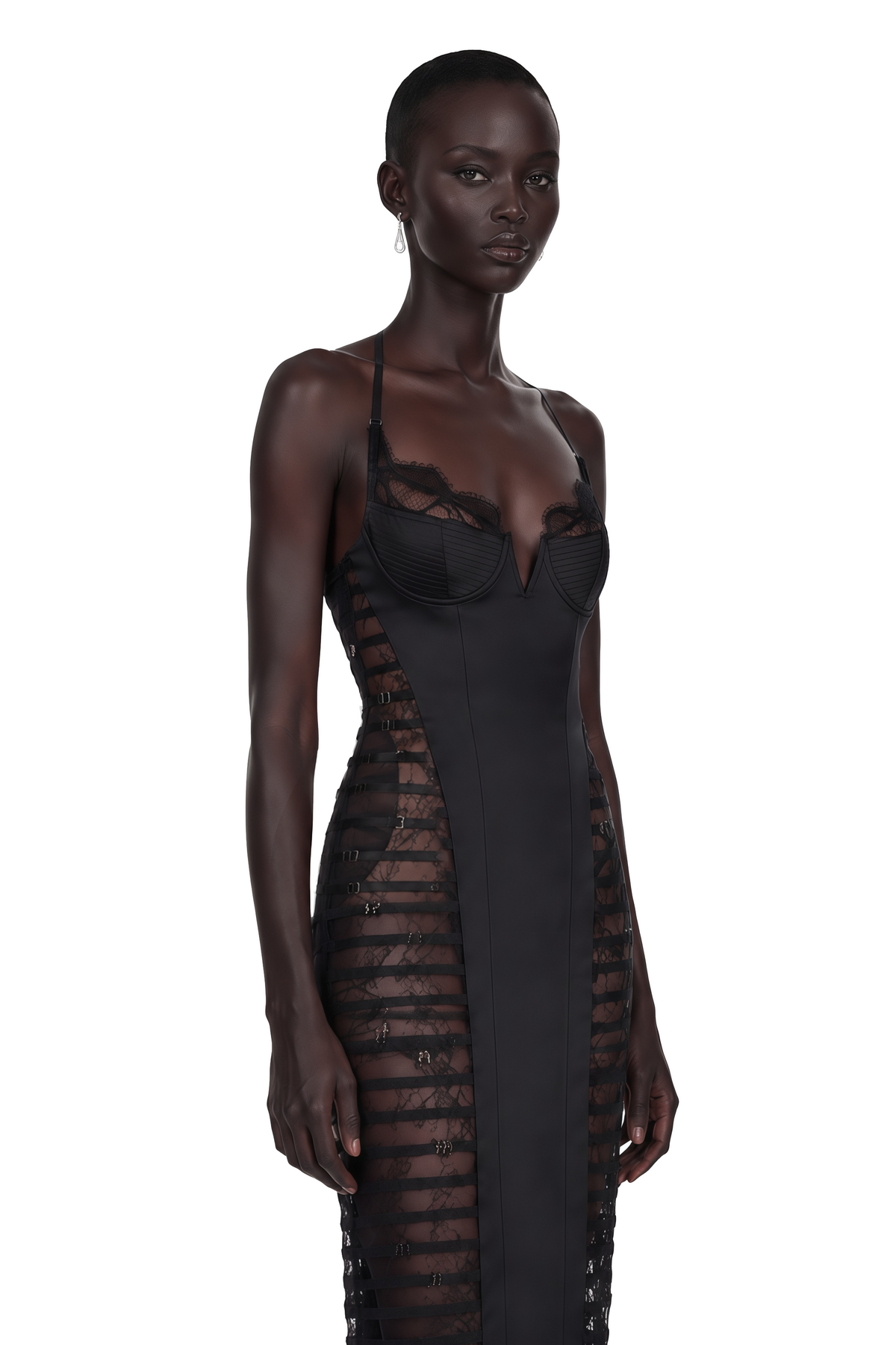 melora black floral lace semi-sheer midi dress