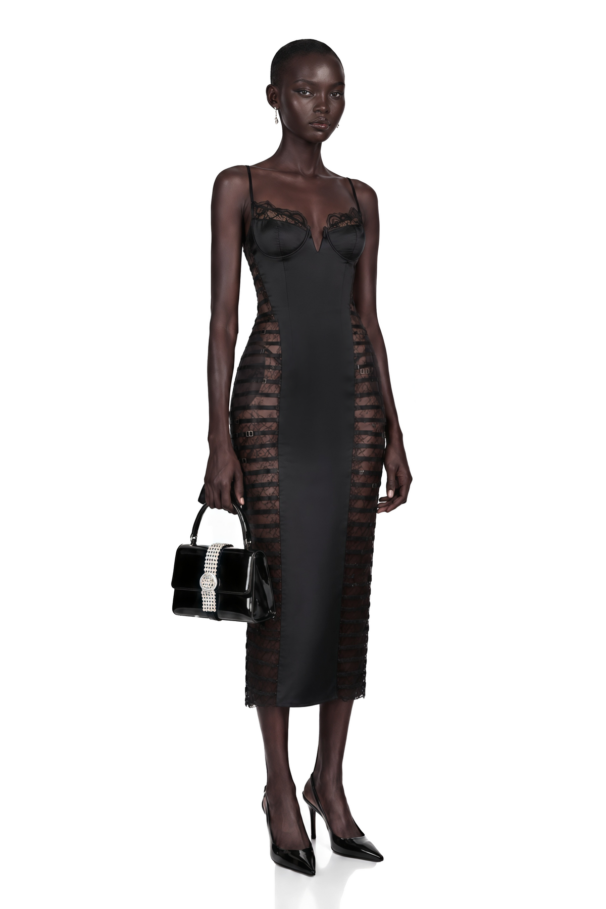 melora black floral lace semi-sheer midi dress